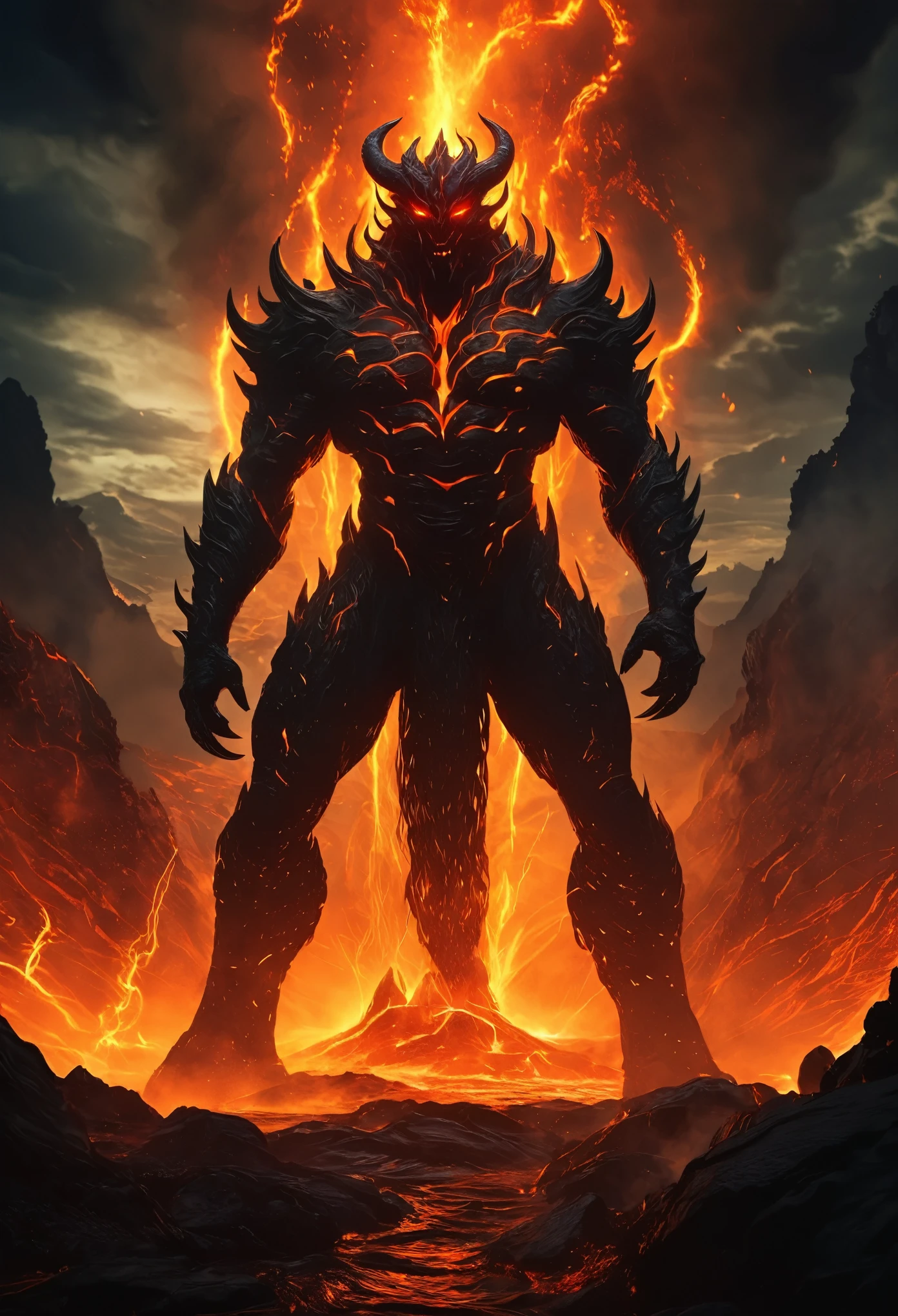 (highres,masterpiece),lava demon,fiery eyes,scorching skin,demonic horns,giant stature,molten lava flowing,smoke and ash,majestic and terrifying presence,dark and ominous atmosphere,glowing ember veins,ominous shadows,cracks revealing fiery depths,sinister aura,intense heat radiating,otherworldly power,fierce and menacing gaze,unleashing fiery destruction,blazing inferno,ominous silhouette emerging from the depths of the earth,roaring flames,intense magma flows,glowing red hot rocks,destruction and chaos,lava rivers cascading into the abyss,unstoppable force of nature,reign of fire and fury,ominous rumblings from the depths of the earth,unleashing its wrath upon the world,devouring everything in its path,inspired by ancient legends and mythology,nightmarish and awe-inspiring,embodying the power of the underworld,vengeful and unstoppable，xianxia