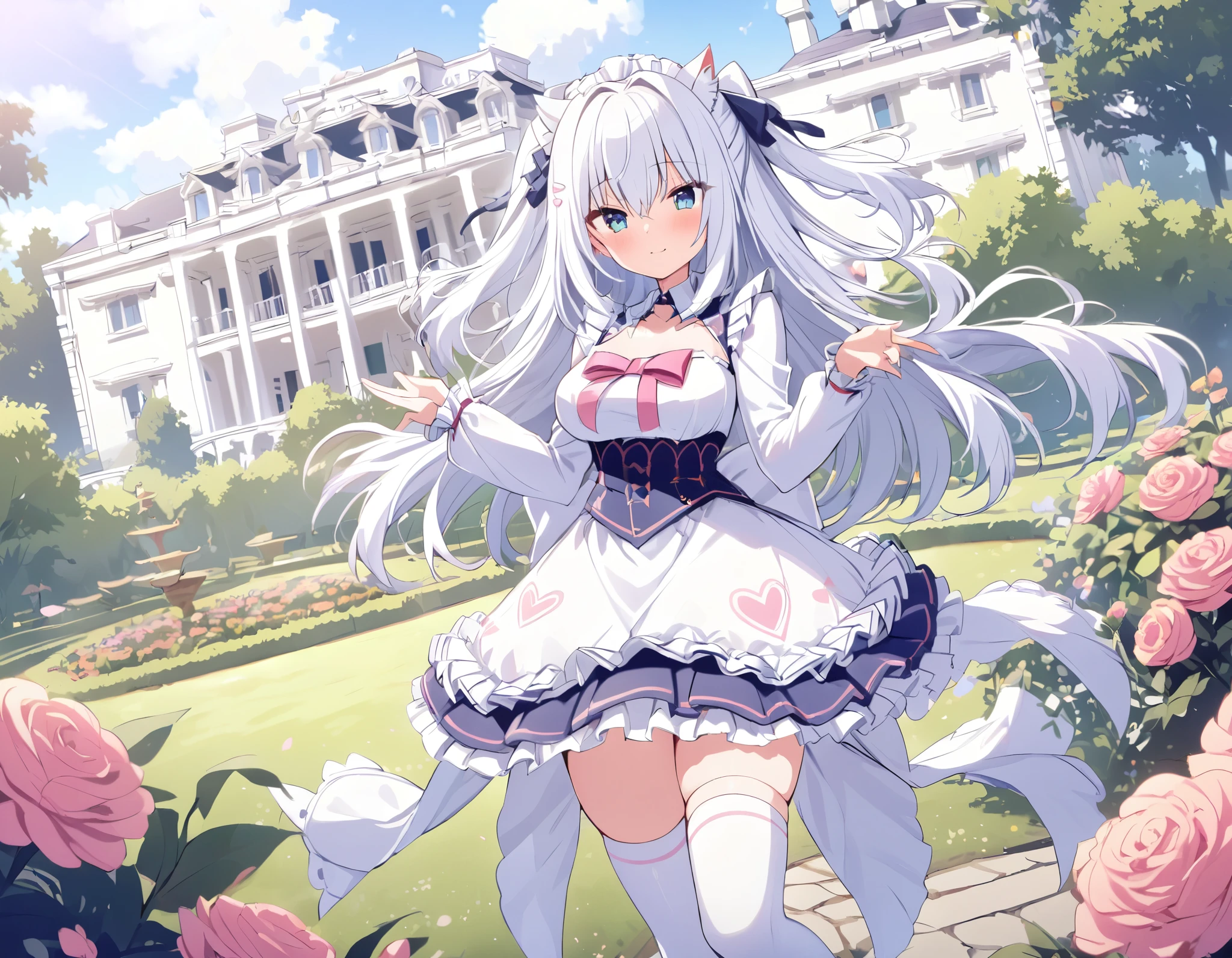 mishiro,short two side up.,Posing,Thigh-high socks,Garden of the mansion,Medium long skirt