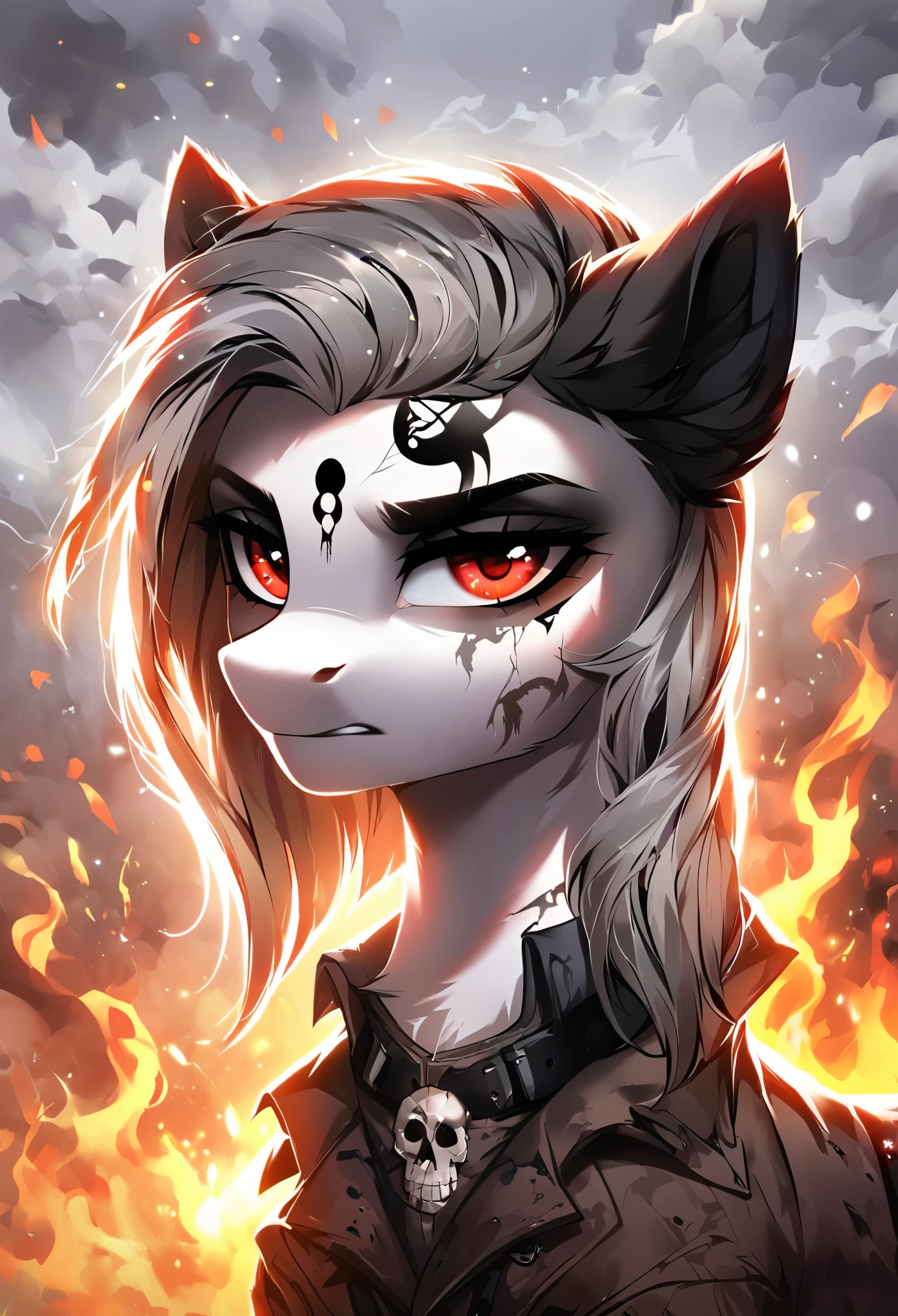 score_9, score_8_up, score_7_up, MLP, black fur, firey hair, red eyes, death, skull tattoo, desolate landscape, fire in the background, post-apocalyptic scene, only one pony, solo scene