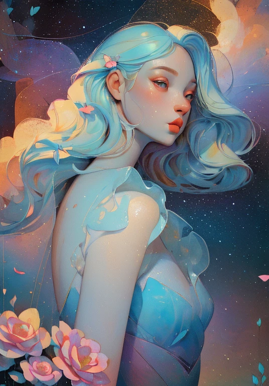 (best quality,actual,high resolution:1.2),pastel tones, painting,Impressionist strokes,from cubism, Fauvism to Surrealism and Abstraction, Beautiful and delicate eyes of a woman,Beautiful and delicate lips,flowing hair, Their artistic concepts and patterns are reflected in the clothing design.starry sky background, High quality, masutepiece, watercolor paiting, Cleaning technology, Colorful, Paint dripping and scattered, Paintings like Agnes Cecil, Blurry, Pale touch, Dirty outlines, Like in a fairy tale, Beautiful woman made of flower coloring, Feminine expression using flowers and plants, Cut and combine petals and leaves, Using flower colors and shapes to draw women's hair or dresses, Bright colors and nature, luminism, 3D Effects, Enhanced beauty, Albert Anker, Feel like John Howe, Greg Rutkowski, ArtGerm, wlop, luminism, isometric, by Yukisakura, awesome full color,