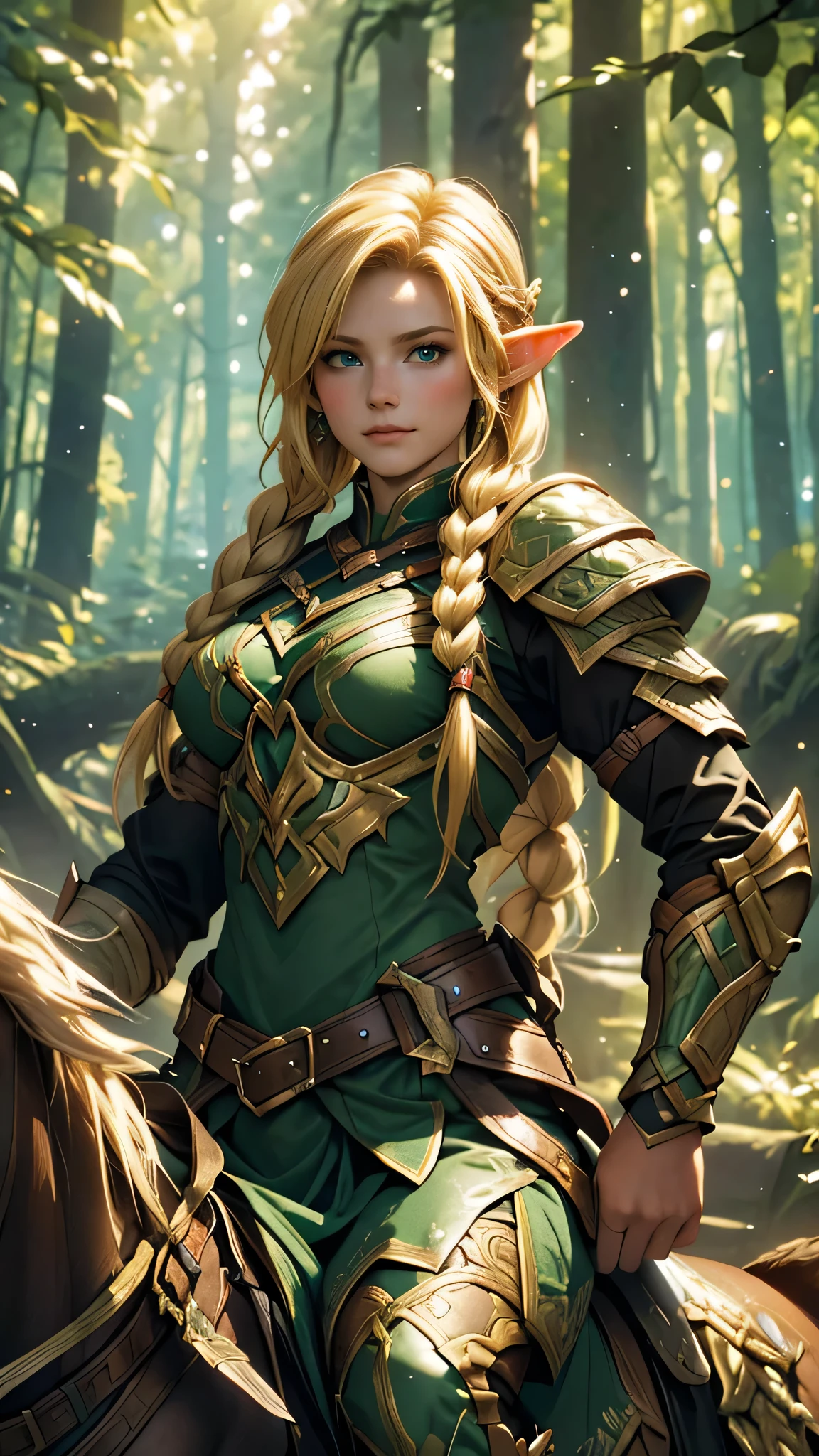 Stable Diffusion prompt: elf warrior girl, blonde hair and braids, green armor, arrow, aiming, dense forest, riding deer, fantasy theme, (best quality, 4k, highres, masterpiece:1.2), ultra-detailed, (realistic:1.37), portraits, vivid colors, bokeh, soft lighting.