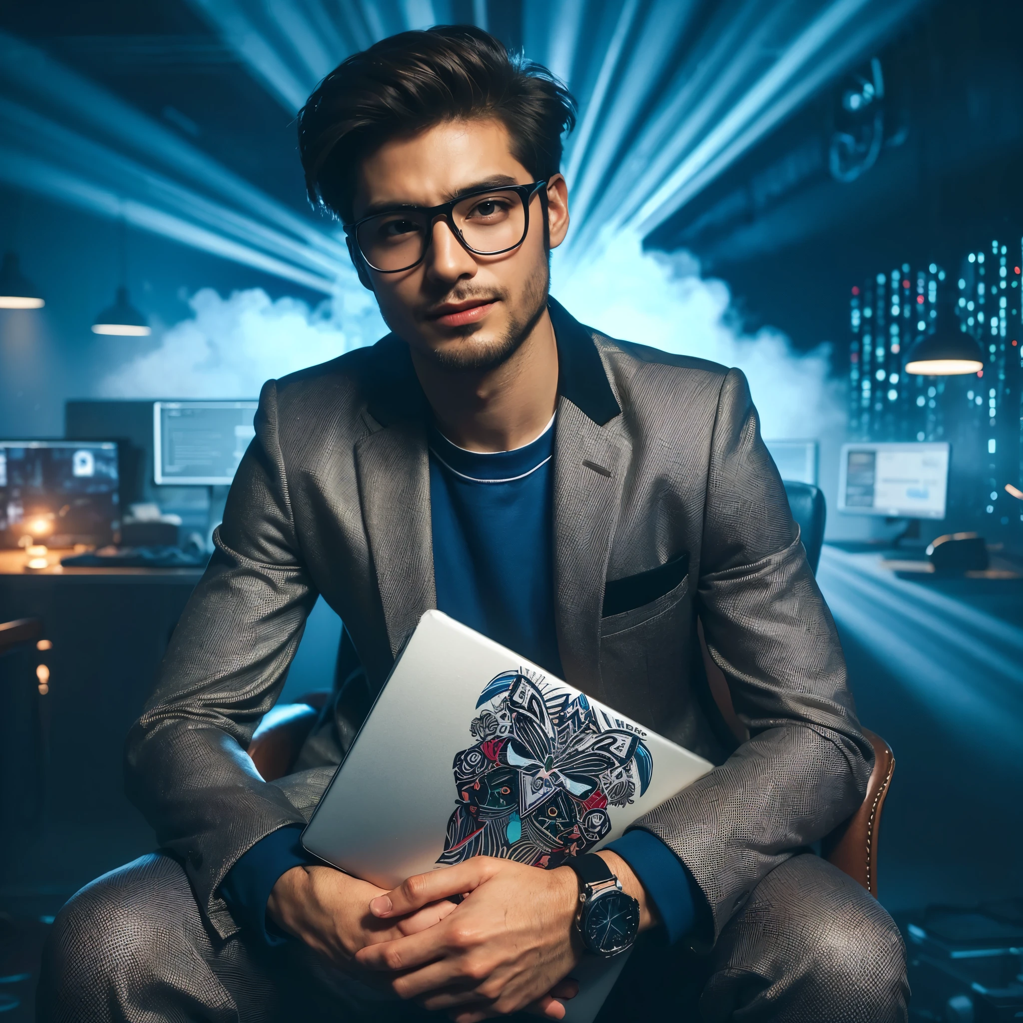 Professional photography masterpiece with 1 model: a confident, mysterious man in modern suit casual trendy attire, 20 years old, short blonde taper fade haircut, wearing trendy eyeglasses, with a subtle smile, looking happy, holding a notebook with silver luxury skin and neon anonymous designs, posing sitting on a chair, against a breathtaking hacker office backdrop with added holographic screen, resembling a Sony 7000D photo, in high definition with dramatic lighting and added dramatic color effects.