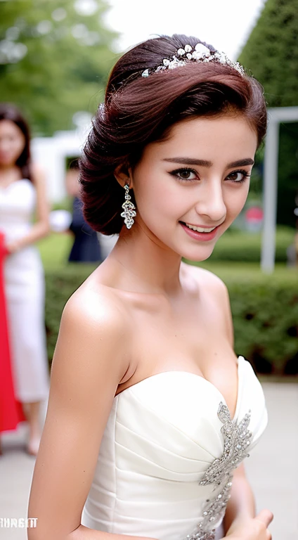 Fashion model 18 years old [[[[closeup cleavage]]]], [[[[boobgasm]]]], [[[[coll]]]], [[[[bshoulders]]]], perfect  eyes, Perfect iris，Perfect lips，perfect teeth，Perfect skin，Long face，Soft front light，hdr，Movie girl，brunette color hair，Long black hair，long whitr hair，white wedding gown，exterior，Behind you are green leaves and flowers，（pastel colour：1.2）
