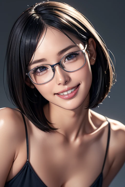 (masterpiece), (8k, best quality, high resolution), (ultra-detailed, realistic), (anatomically correct),  
((face close-up)), (Standing), (No background),
(1woman),  (looking at viewer), 
(A Japanese woman, 30 years old and 155cm tall.), 
(black hair), (straight hair), (short hair style), (bob cut), (hair behind ears), 
(wear glasses), ((black cell frame glasses)), 
((Wear a navy blue spaghetti strap dress)), (Mini length dress with simple design), 
(Create a detailed image of the eye), 
(Her impression is pure, clean and kind.), 
((A captivating smile, just showing a few teeth.)), 　 
