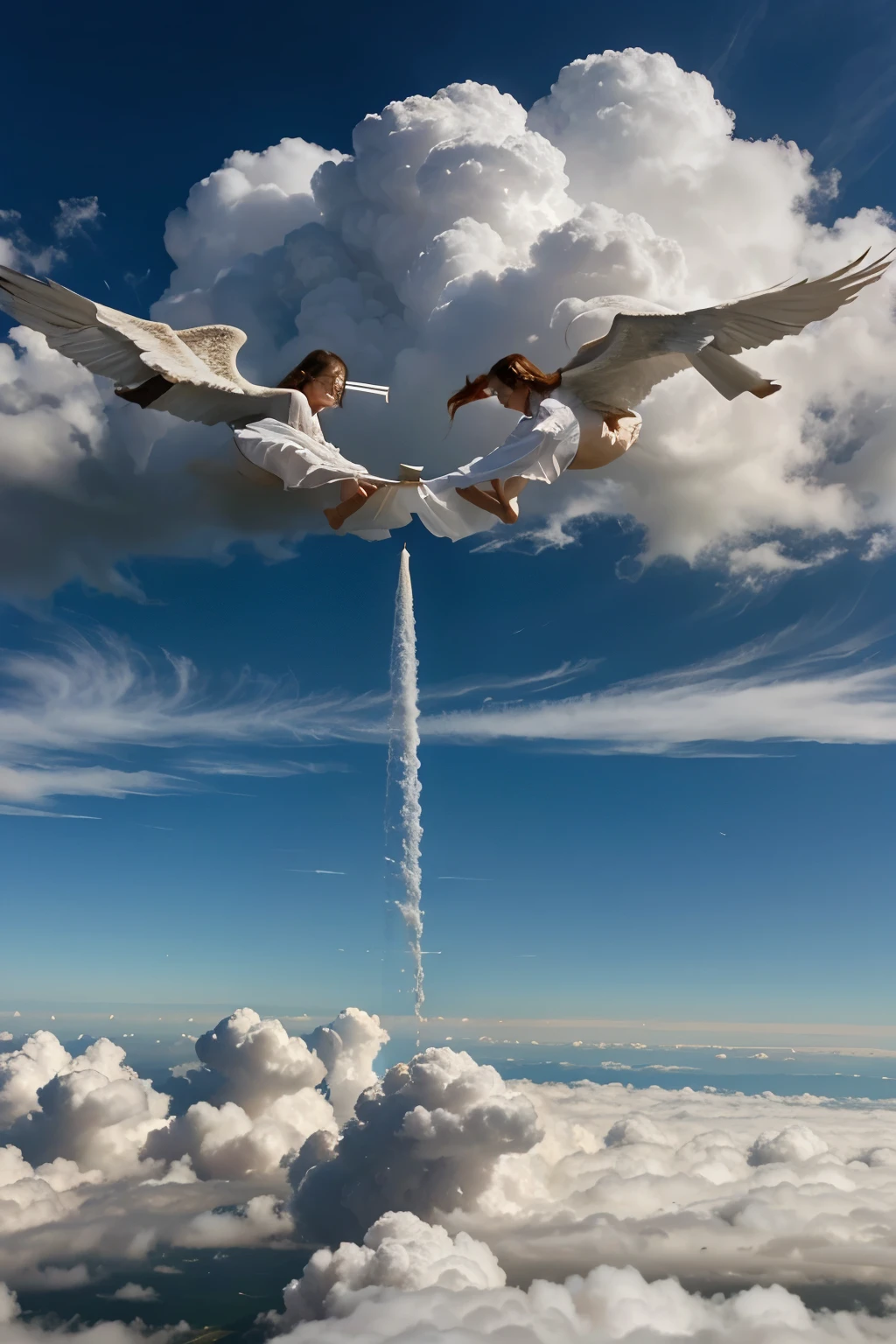 angels descending from heaven through clouds towards earth