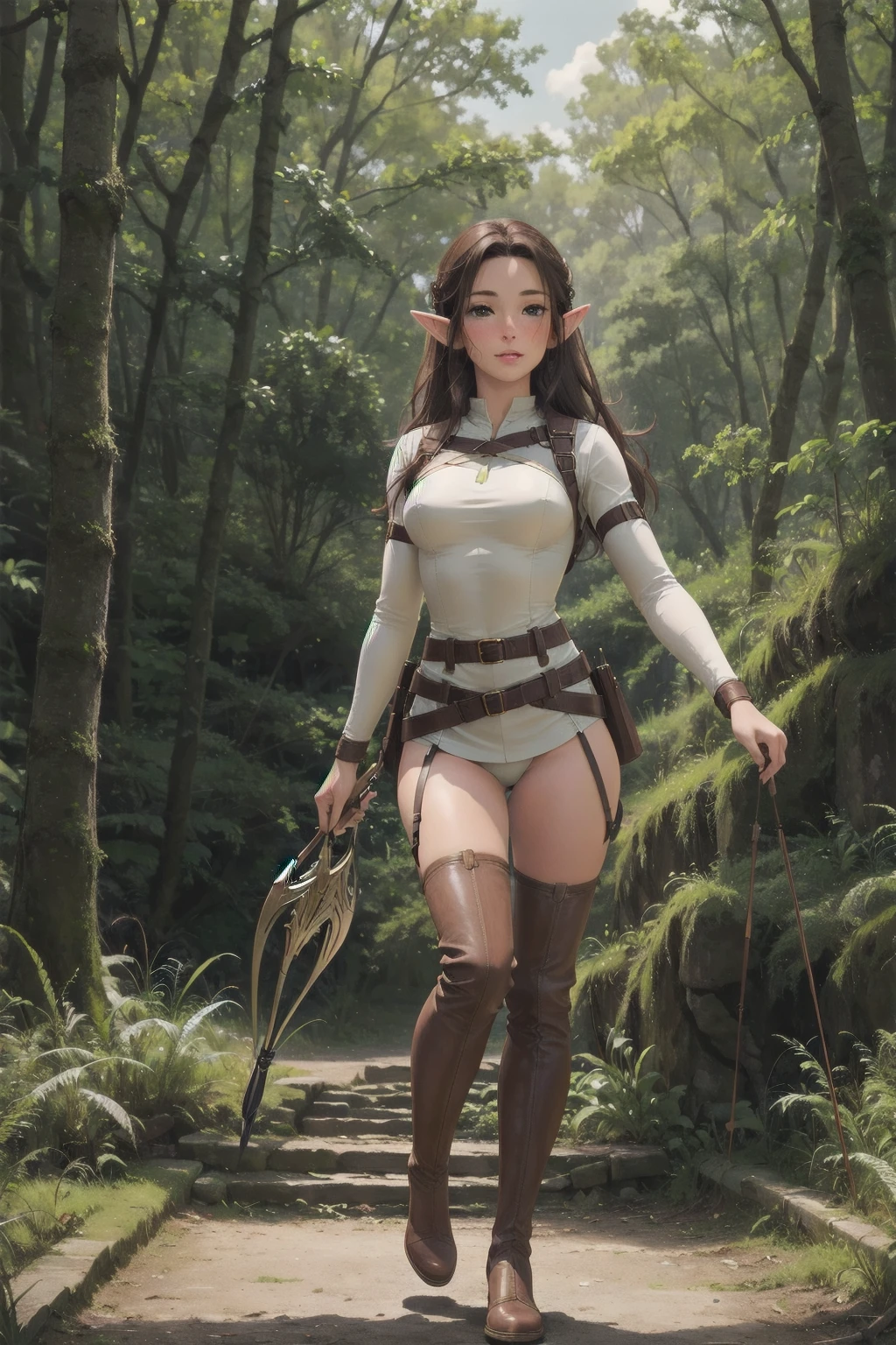 Masterpieces, best quality, perfect, wood, outdoors, forest, elf, sfw,26 years old, mature woman, leather, small ears, blushing, freckles, facing viewer, brown hair, full body, archer, long torso, mouth open, glossy lips, large waist, thick thighs, Standing up, facing viewer, thigh high socks, hourglass shape, slim waist, thigh gap, cleavege, adult woman, cleavege window, large breasts, beautiful background, perfect landscape, the most peacefull place you've ever been, a welcoming woman, lush pastures, leg strap, leg holster, belt, hunger games, holding wooden bow, holding fancy elf bow, milf, thigh boots held up by leather waist strap, cleavege cutout,