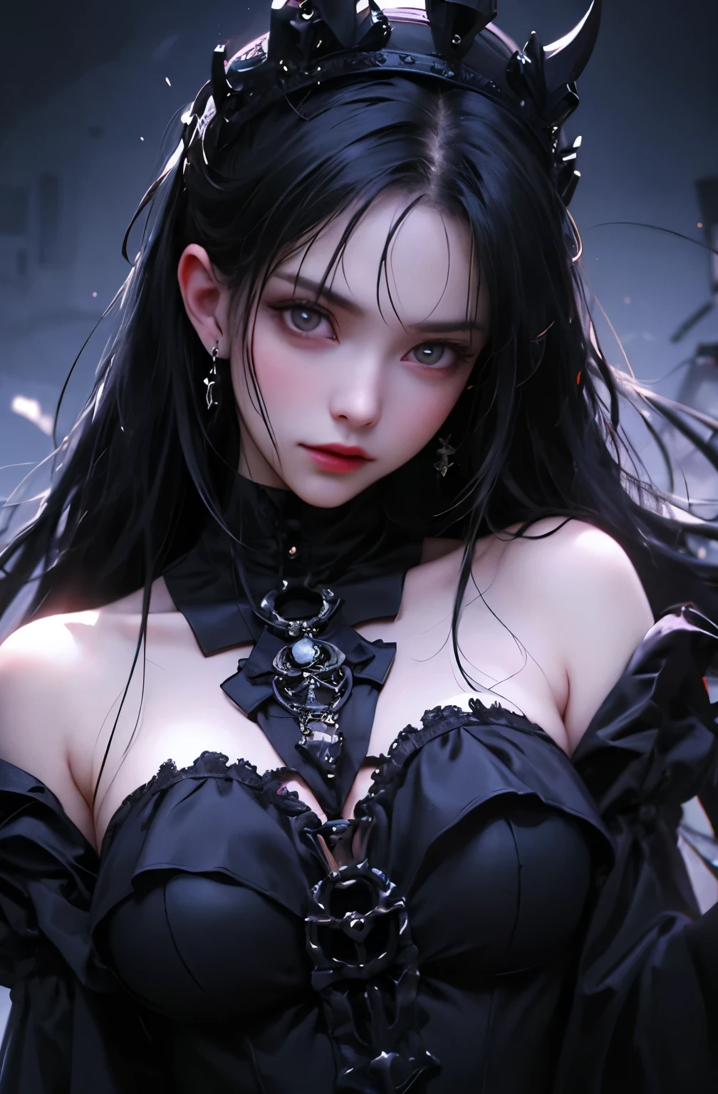 (best quality,\),(realistic:1.37),dark,savage,female, eye,detailed face,black clothes, long black hair,straight bangs,pale skin,red lipstick,Intense expression,mysterious atmosphere,savageic background,dim lighting,night,vivid colors, fish net, topless, full body
