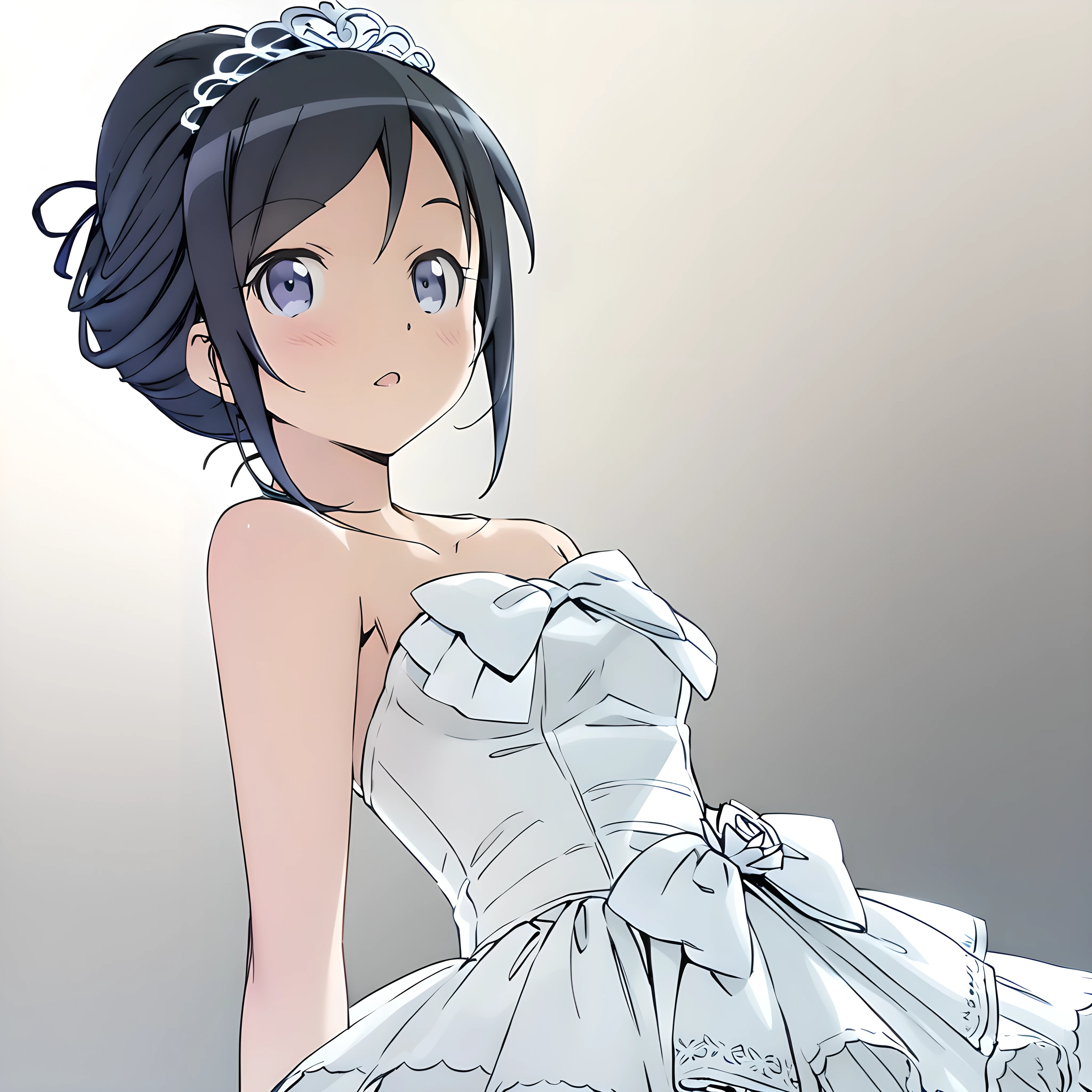 ayase aragaki, 1girl, solo, dress, tiara, black hair, bare shoulders, wedding dress, white background, gloves, white dress