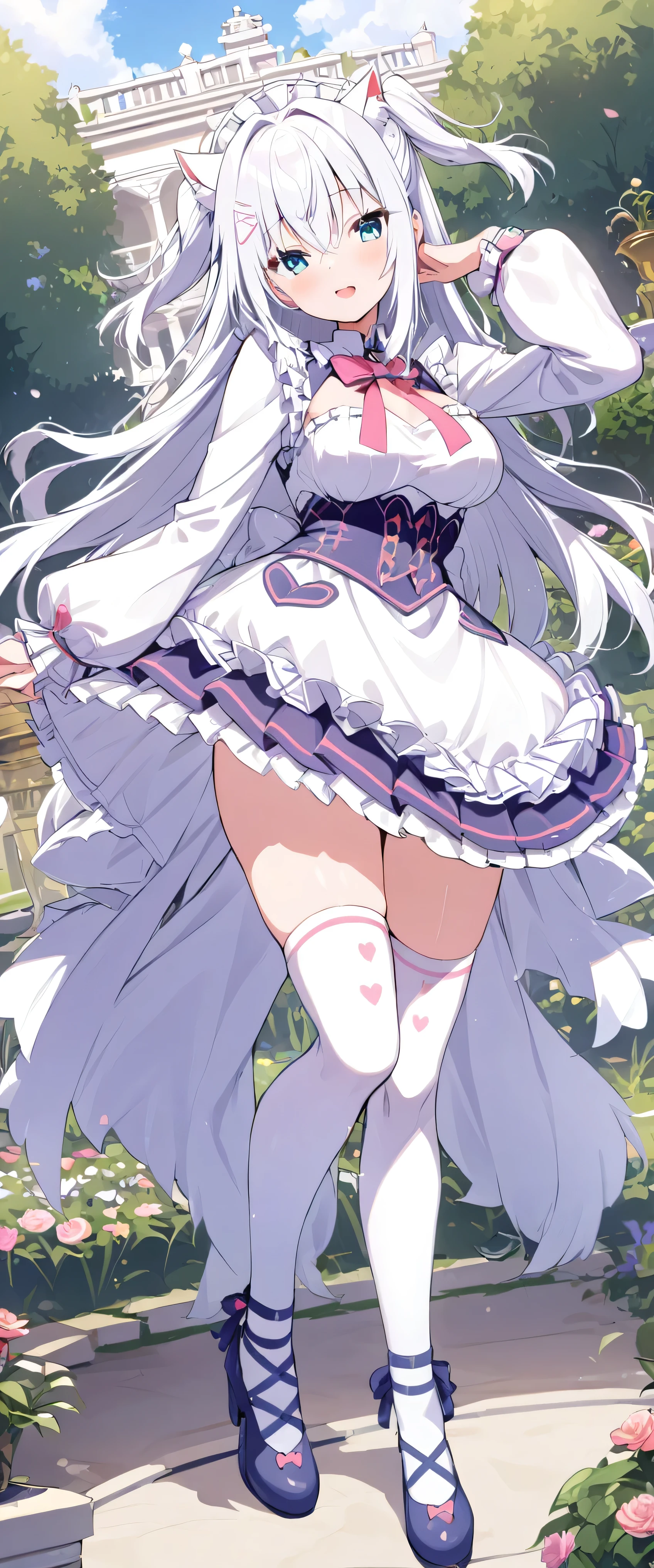 NSFW , ultra detailed, hyper detailed, best quality, highres, 4K, field of flowers, woman, from below, looking at viewer, puzzled, happy, shy, (kyouka), , slender,flat chest, twintail , (up skirt) ,no panties , gloves, dappled sunlight,