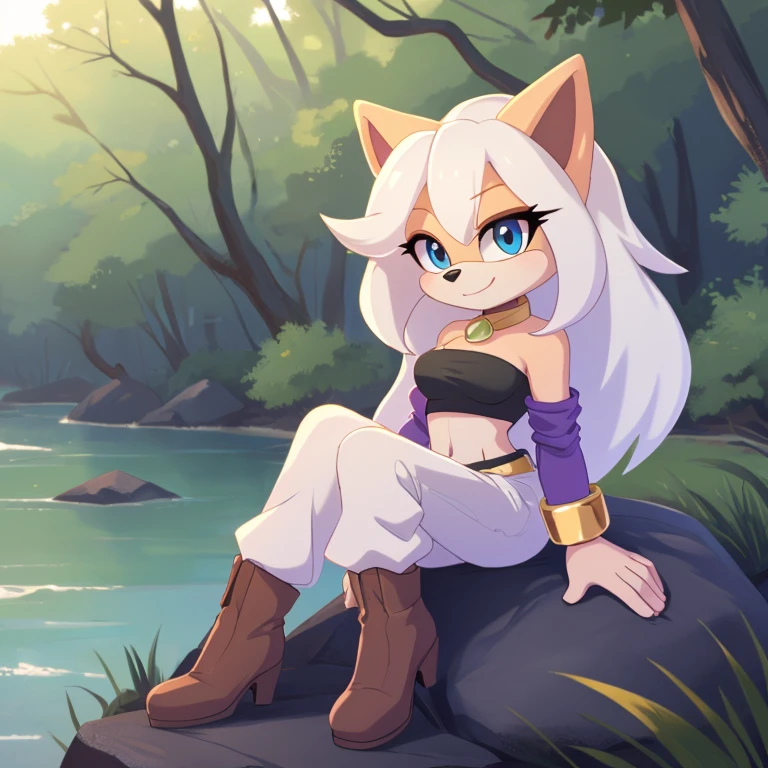 ((1girl)), ((solo)), female, mobian, Hedgehog, pink fur, furry, sitting crossed leg, sitting on a large rock, (Her attire is a black cropped low cut tube top, black arm sleeves with gold bracelets at the ends, black heeled boots, and white baggy pants)), (Majin Android 21 Cosplay), ((long white hair)), ((long hair)), ((Android 21 styled hair)), light blue eyes, hair bangs, looking at viewer, (background forest, river, best lighting), (best quality)