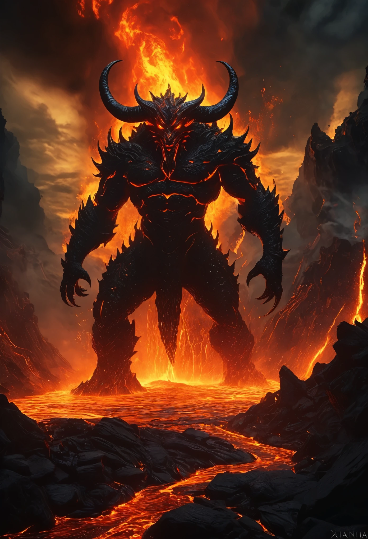 (highres,masterpiece),lava demon,fiery eyes,scorching skin,demonic horns,giant stature,molten lava flowing,smoke and ash,majestic and terrifying presence,dark and ominous atmosphere,glowing ember veins,ominous shadows,cracks revealing fiery depths,sinister aura,intense heat radiating,otherworldly power,fierce and menacing gaze,unleashing fiery destruction,blazing inferno,ominous silhouette emerging from the depths of the earth,roaring flames,intense magma flows,glowing red hot rocks,destruction and chaos,lava rivers cascading into the abyss,unstoppable force of nature,reign of fire and fury,ominous rumblings from the depths of the earth,unleashing its wrath upon the world,devouring everything in its path,inspired by ancient legends and mythology,nightmarish and awe-inspiring,embodying the power of the underworld,vengeful and unstoppable，xianxia