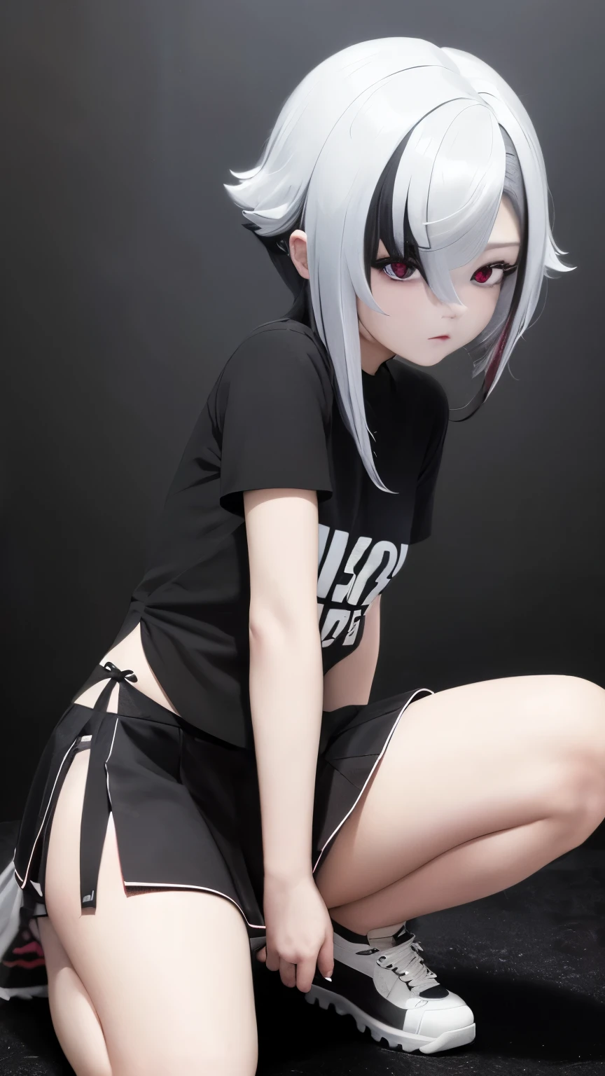 4k ultra sharp、Highest quality、masterpiece、Ultra-high resolution、（Trueness：1.4）、1 girl、White hair，Black Hair，Colorful Hair，short hair，Straight Hair，Long braids，Glowing red eyes，Red X pupil，Transparent dress、Movie Lighting、（My girl、Gothic Makeup、My makeup）、（Ear piercing、Big 、T-shirt of tulle、mini skirt）、（（Light makeup、Oily Skin、Bright skin、Realistic texture、Delicate skin、Shiny Skin）），Dark downtown night scene、Kabukicho、Dark cyberpunk、Thin legs、thin arms、Thin shoulders、Thin waist、Slim body、Kneeling