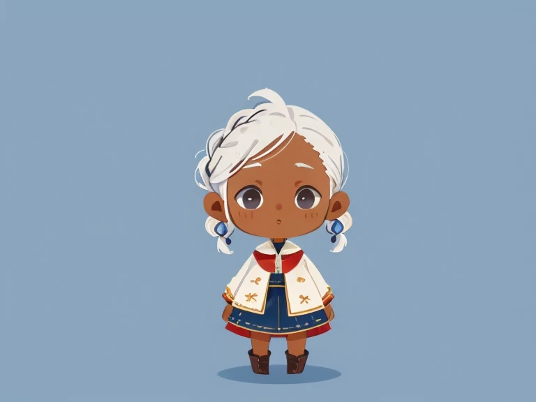 1 brown skin girl, Stand with your body facing forward., mouth is closed, ((highest quality, expensive_solve, clear_image)), (white hair), bob style, braid, (blue eyes), (Wear boots on your feet), coat and dress, ((concept art)), Little, mini, very short height, no background