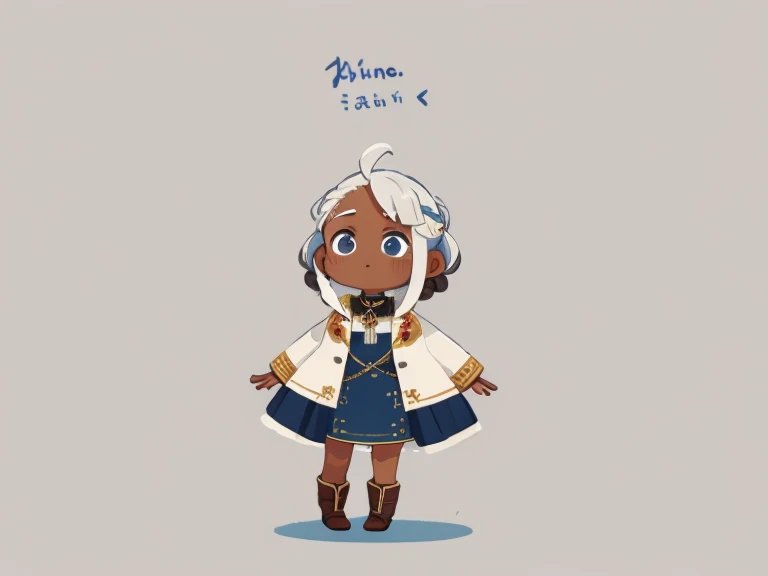 1 brown skin girl, Stand with your body facing forward., mouth is closed, ((highest quality, expensive_solve, clear_image)), (white hair), bob style, braid, (blue eyes), (Wear boots on your feet), coat and dress, ((concept art)), Little, mini, very short height, no background