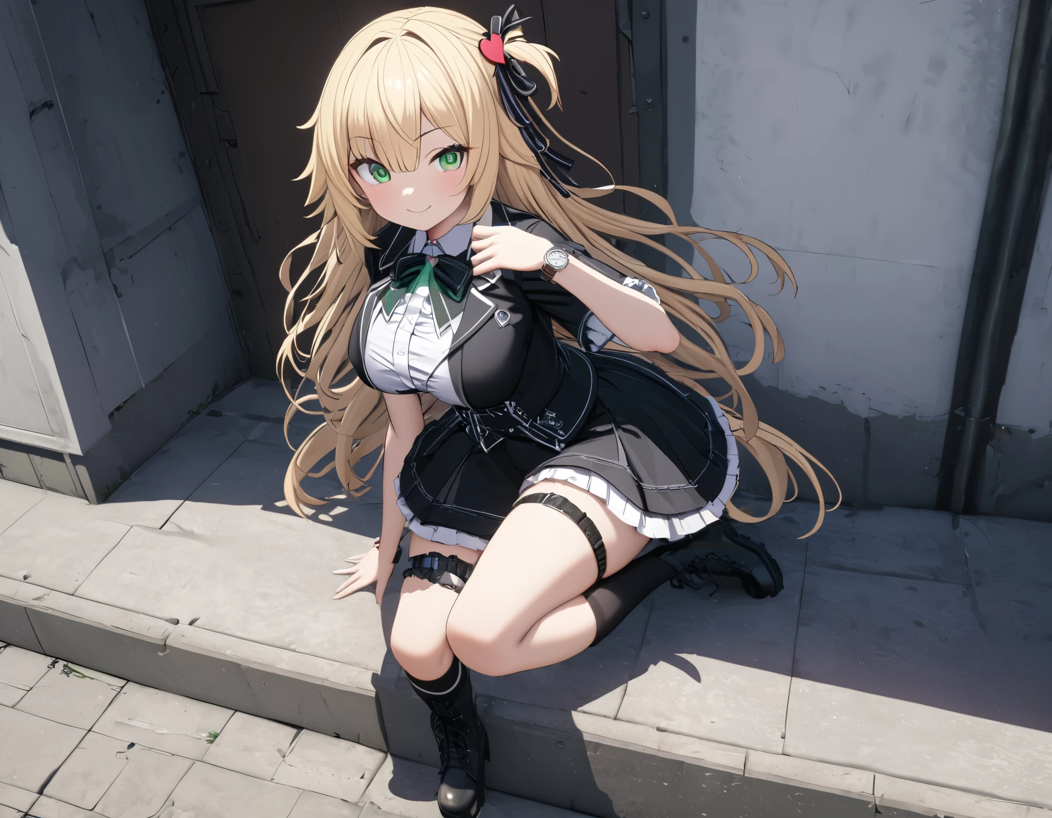 akaihaato,solo,Smile,Blonde.left berry short one side up,(((hair ribbon))),heart hair ornament,Outdoor Shot,Posing,large breasts,Black thigh-high socks,leg band,(((Top quality ultra detail,Unity 8K))),(((emerald eye))),blazer:1.1 (Gothic ****ta:1.2),Lace-up boots,Blonde, ((Highlighted Hair,Striped hair of white color)), ((Watch with a viewer:1.3))smile,(((whole body:1.3))),Young face