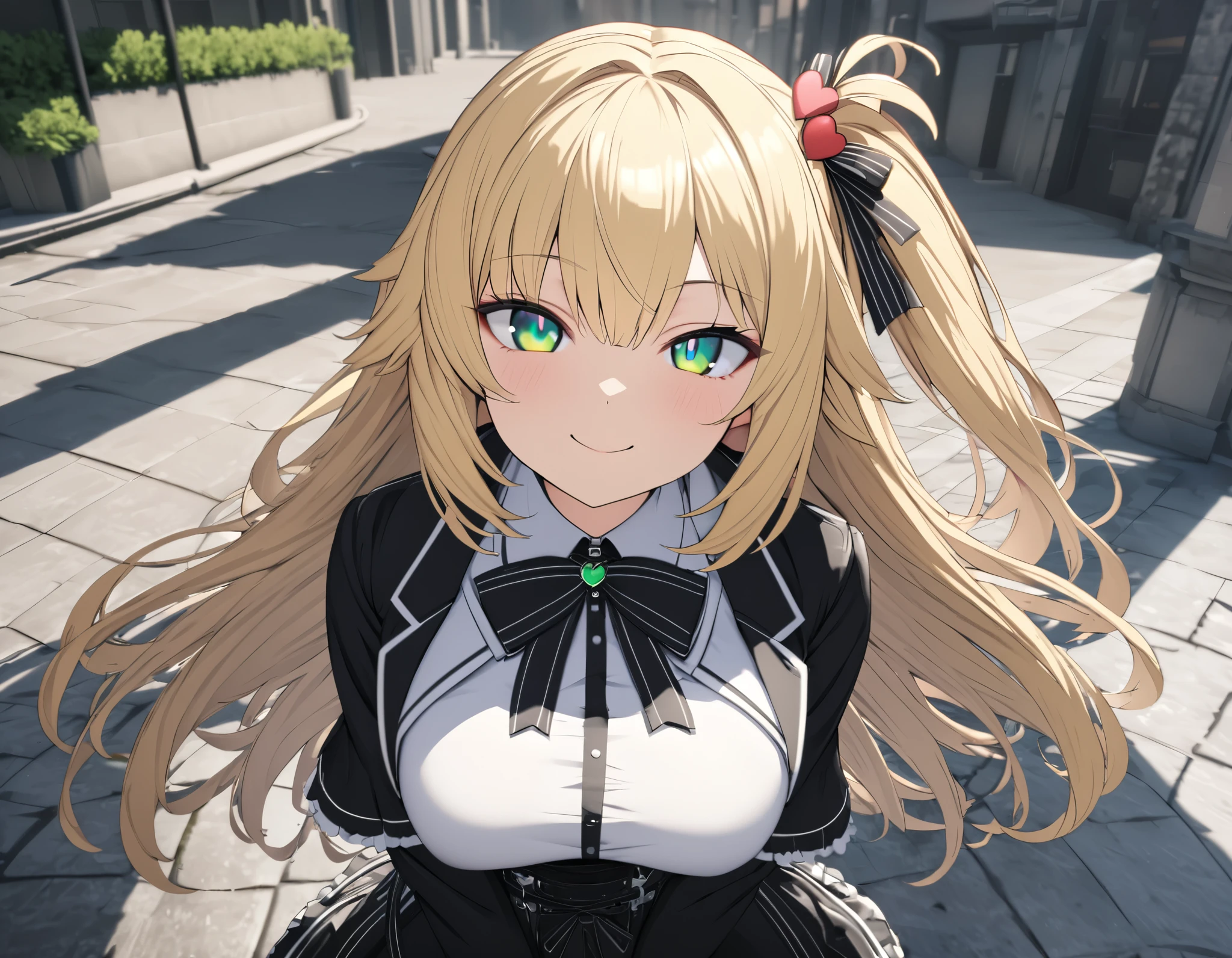 akaihaato,solo,Smile,Blonde.left berry short one side up,(((hair ribbon))),heart hair ornament,Outdoor Shot,Posing,large breasts,Black thigh-high socks,leg band,(((Top quality ultra detail,Unity 8K))),(((emerald eye))),blazer:1.1 (Gothic ****ta:1.2),Lace-up boots,Blonde, ((Highlighted Hair,Striped hair of white color)), ((Watch with a viewer:1.3))smile,(((whole body:1.3))),Young face