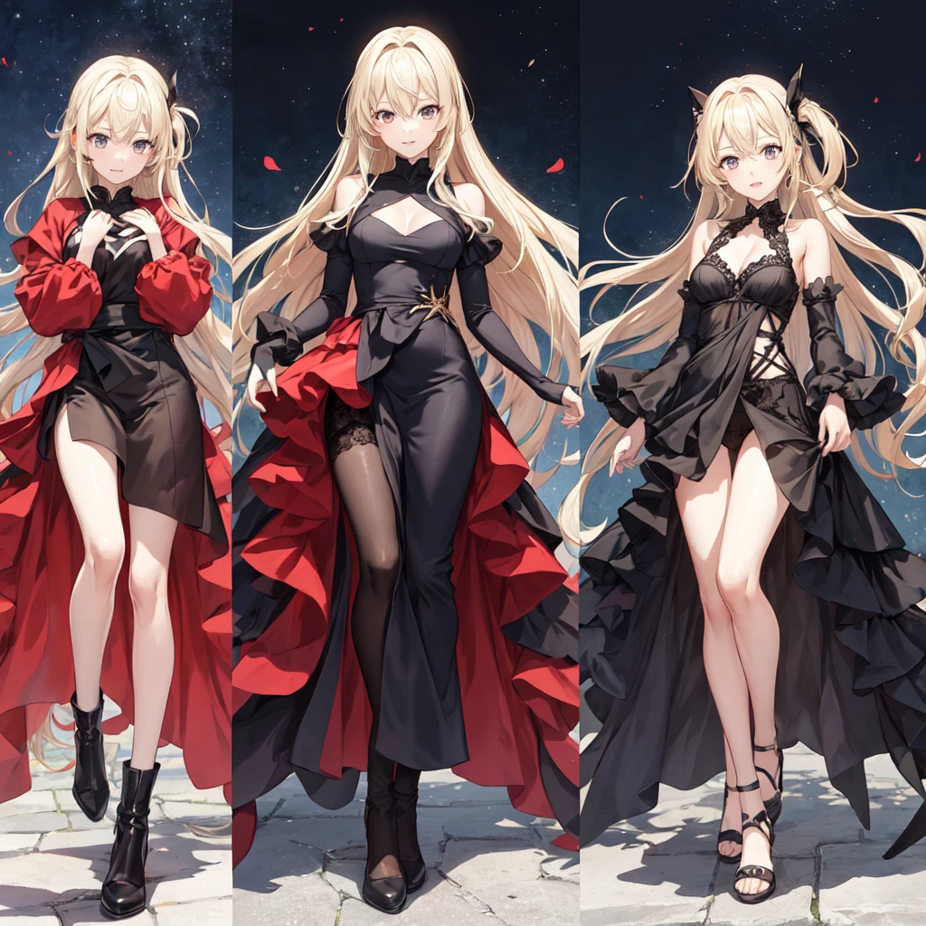 Namie Amuro、The red A-line dress is narrowed at the waist and flared downwards, with black lace fabric layered on top from the waist down.、Long sleeve７Minute length、The upper body is black１０Book design Design with string、