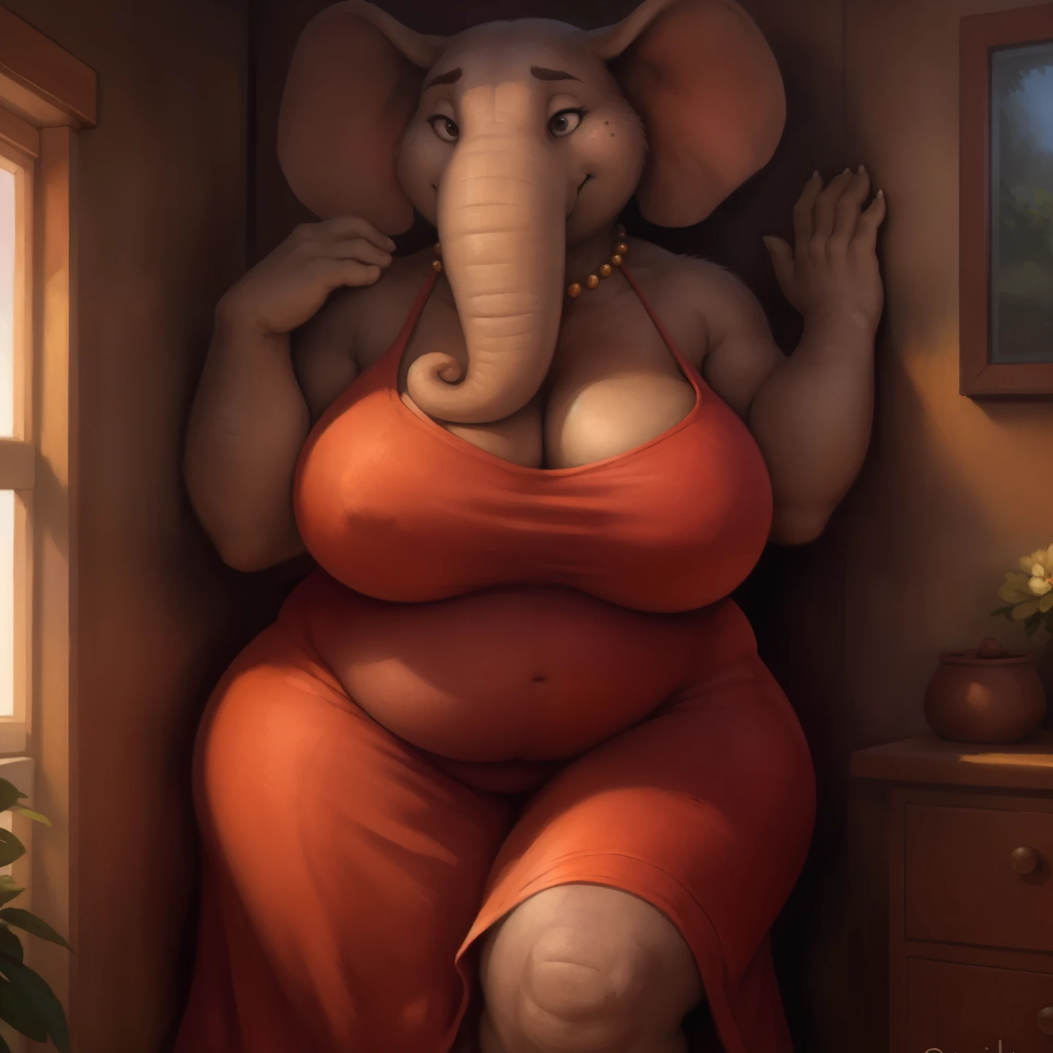 solo, a beautiful and detailed full size portrait of a female anthro elephant, (((Meena's Mother))), against wall, front shot, front view, shy, big body, sexy body, fat body, chubby body, (natural curvy body proportions:1.15). (wide body). goddess, kenket, Ross Tran,ruan jia, trending on artstation,foxovh, cenematic lighting, looking at viewer, walking, house, big , big , big , big butt, ((red dress, jewlery)), smile, bedroom