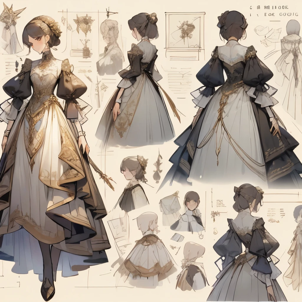 Victorian dress design, clothing design sheet, character design sheet,