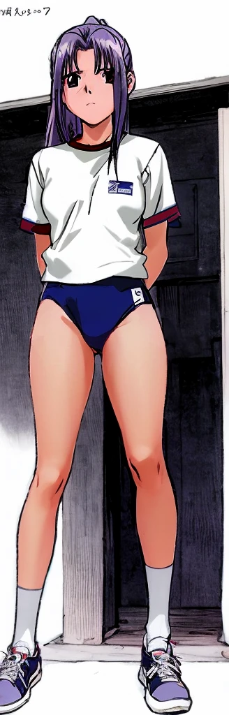 Momoko Koigakubo, a tall girl with beautiful legs, is standing diagonally with her legs spread to the side in a white gym uniform and light navy blue bloomers that look like panties.。With a gentle expression and open mouth。
