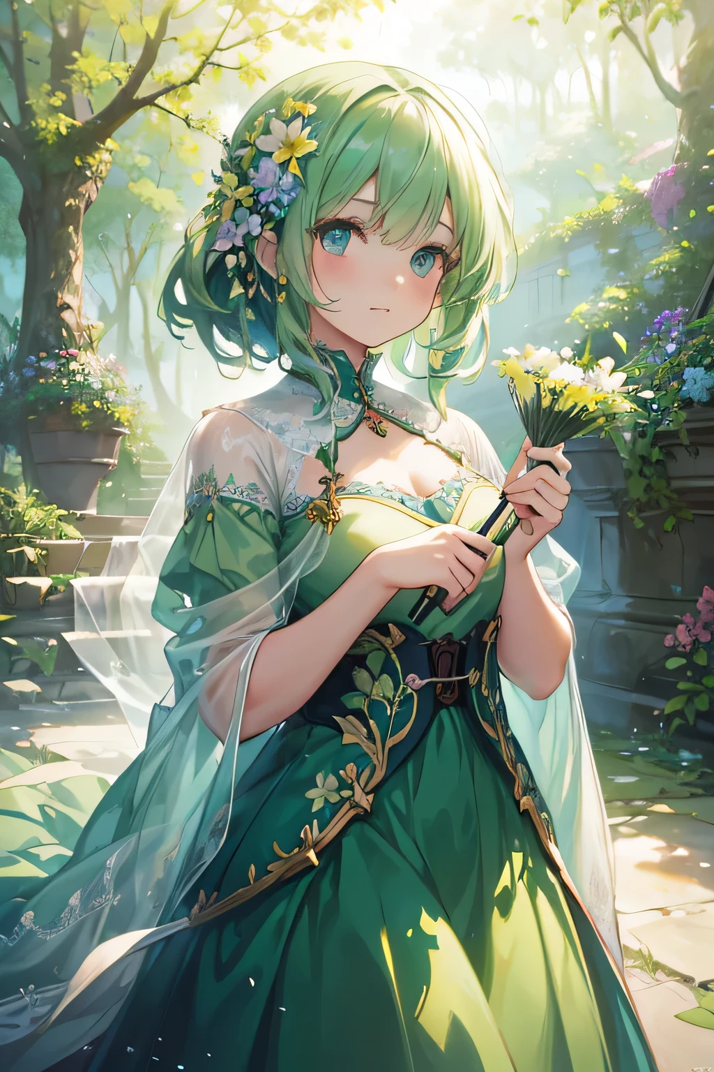 beautiful detailed eyes, green dress, blooming flowers, sunlight, oil painting, vibrant colors, soft lighting, master brushwork, fantasy elements, dreamy atmosphere, ethereal beauty, magical realism, high-res detail, surrealistic style, digital illustration.
