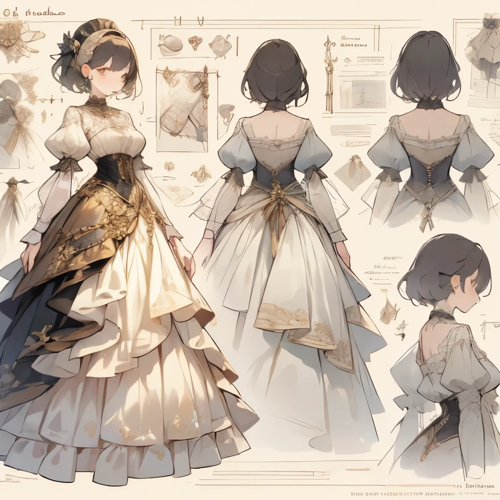 victorian dress design, clothing design sheet, charcter design sheet, colorful designs, detailed textures and layers