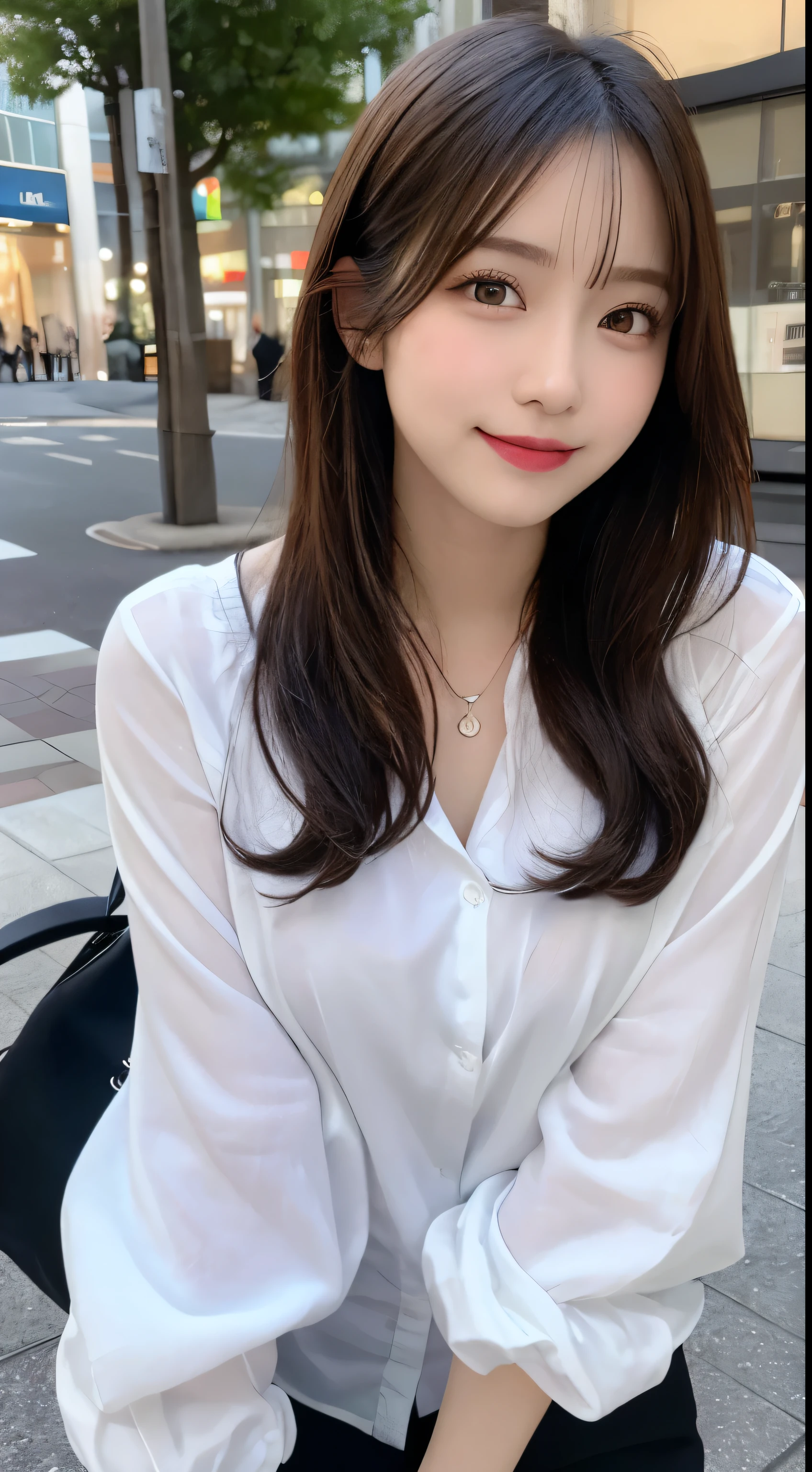 masutepiece, Best Quality, Illustration, Ultra-detailed, finely detail, hight resolution, 8K Wallpaper, Perfect dynamic composition, Beautiful detailed eyes, Casual Office Clothes,Medium Hair,,Natural Color Lip, Bold sexy poses,Smile,Harajuku、20 years girl、Cute、Sexy shot looking at camera