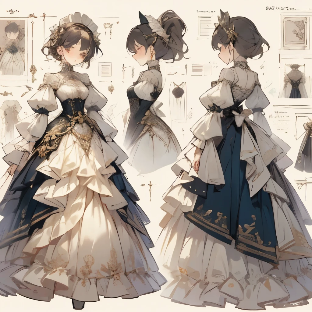 victorian dress design, clothing design sheet, charcter design sheet, colorful designs, detailed textures and layers