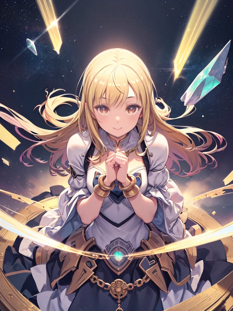 woman holding a crystal ball in her hand、最high quality、Best image quality、masterpiece、With a girl((18-year-old、Metallic Space Armor、Best Bust、Bust 90、Blonde、semi-long、Glowing Eyes、Open your chest wide、valley、happiness、Luminous Chain Accessories、Space Accessories、no gravity、Raise your fist、The best smile、Laser from both hands,top down、Show the whole body、Looking up at the audience)high quality、Visual Arts、background(space、performer々、Cosmo Steppeace、Great graphics、Very delicate
