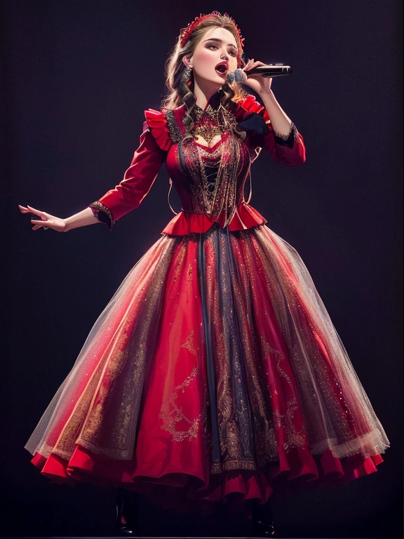 arafed woman in a red dress singing into a microphone, inspired by Miroslava Sviridova, full dress, with a red skirt, ukrainian national costume, full body in shot, carmen sings beautifully, beautiful costume, high quality theatre costume, in a red victorian era dress, aleksandra waliszewska, full length shot, russian costume