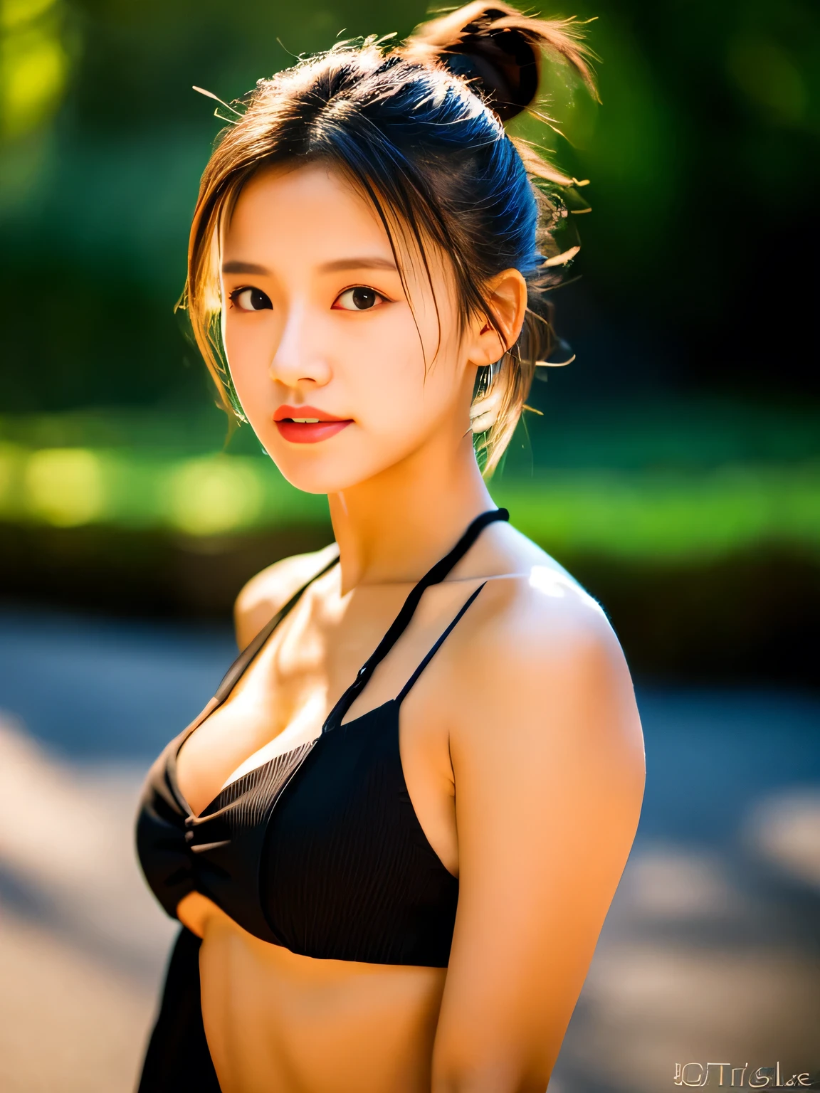 messy bun, outdoor, happy, black skirt, hot girl, (((small bust))), brunette hair, looks into the camera, symmetrical face, photorealistic, photography, spectacular lighting,, gorgeous, cleavage, western, (masterpice), best quality, high resolution, extremely detailed, skin with pores, blurred background, depth of field, cinematic lighting, ASIAN