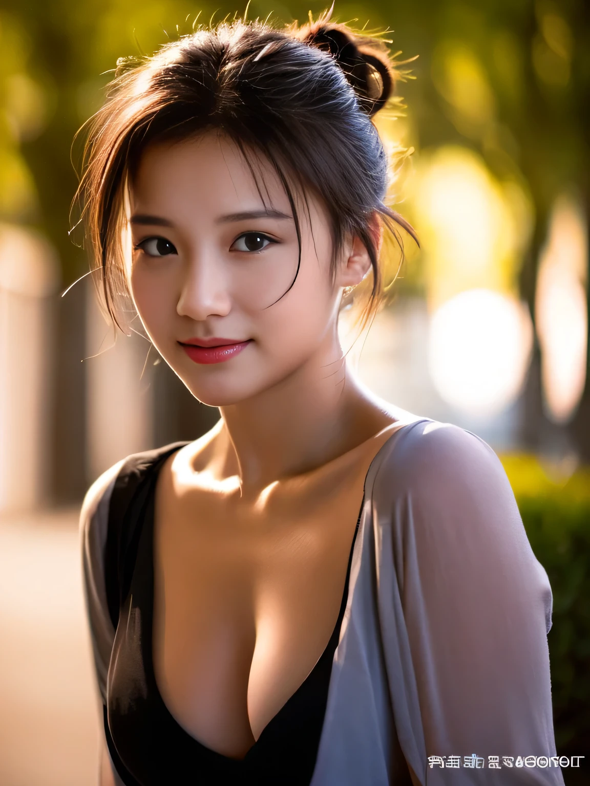 messy bun, outdoor, happy, black skirt, hot girl, (((small bust))), brunette hair, looks into the camera, symmetrical face, photorealistic, photography, spectacular lighting,, gorgeous, cleavage, western, (masterpice), best quality, high resolution, extremely detailed, skin with pores, blurred background, depth of field, cinematic lighting, ASIAN