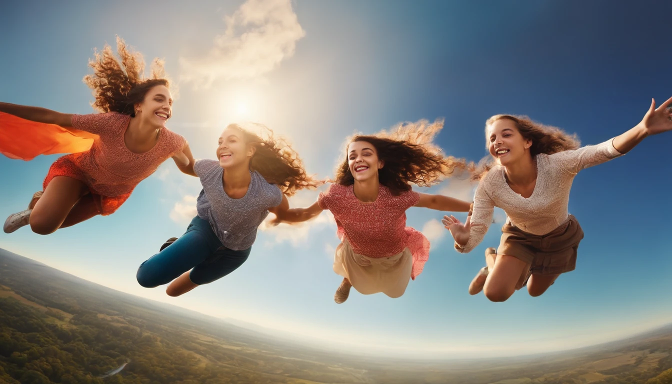 6 teenage girls flying happily in the sky
