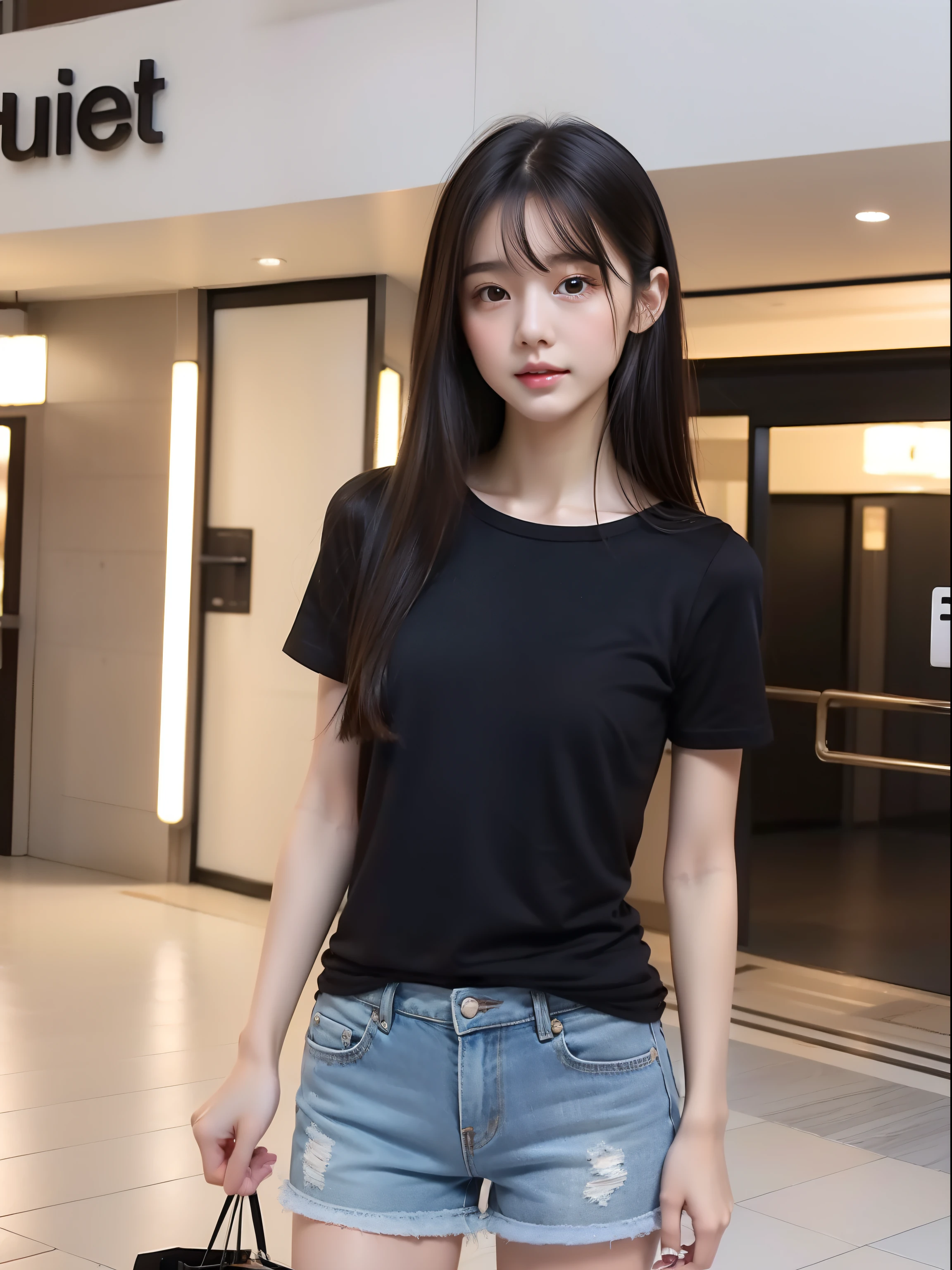 young，shortpants，Long T-shirt，teens girl，Delicate body， body，Delicate body，，tiny chest，A dark-haired，Very Longhair，shopping mall