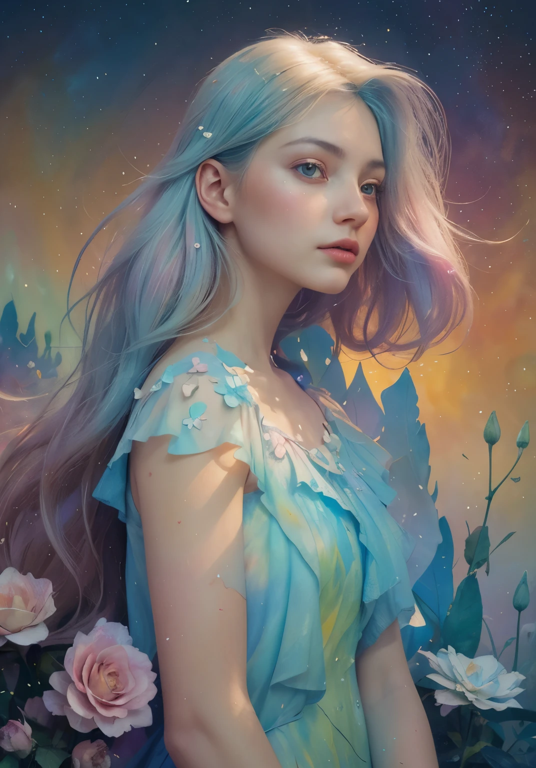 (best quality,actual,high resolution:1.2),pastel tones, painting,Impressionist strokes,from cubism, Fauvism to Surrealism and Abstraction, Beautiful and delicate eyes of a woman,Beautiful and delicate lips,flowing hair, Their artistic concepts and patterns are reflected in the clothing design.starry sky background, High quality, masutepiece, watercolor paiting, Cleaning technology, Colorful, Paint dripping and scattered, Paintings like Agnes Cecil, Blurry, Pale touch, Dirty outlines, Like in a fairy tale, Beautiful woman made of flower coloring, Feminine expression using flowers and plants, Cut and combine petals and leaves, Using flower colors and shapes to draw women's hair or dresses, Bright colors and nature, luminism, 3D Effects, Enhanced beauty, Albert Anker, Feel like John Howe, Greg Rutkowski, ArtGerm, wlop, luminism, isometric, by Yukisakura, awesome full color,