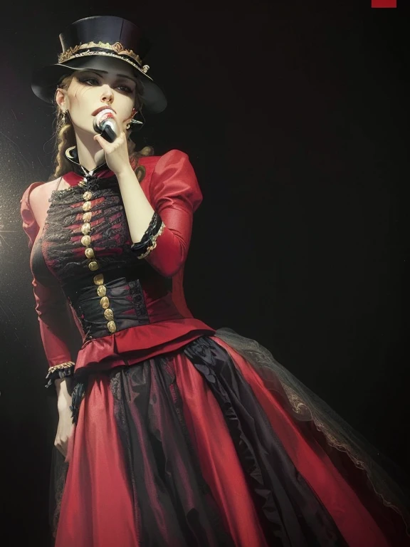 arafed woman in a red and black dress singing into a microphone, victorian style costume, editorial of dior magazine, madonna genderbend elegant, with a red skirt, inspired by Horace Vernet, in a red victorian era dress, red and black costume!!!, ww2 era, editorial photo from magazine, style of masami kurumada, official dior editorial