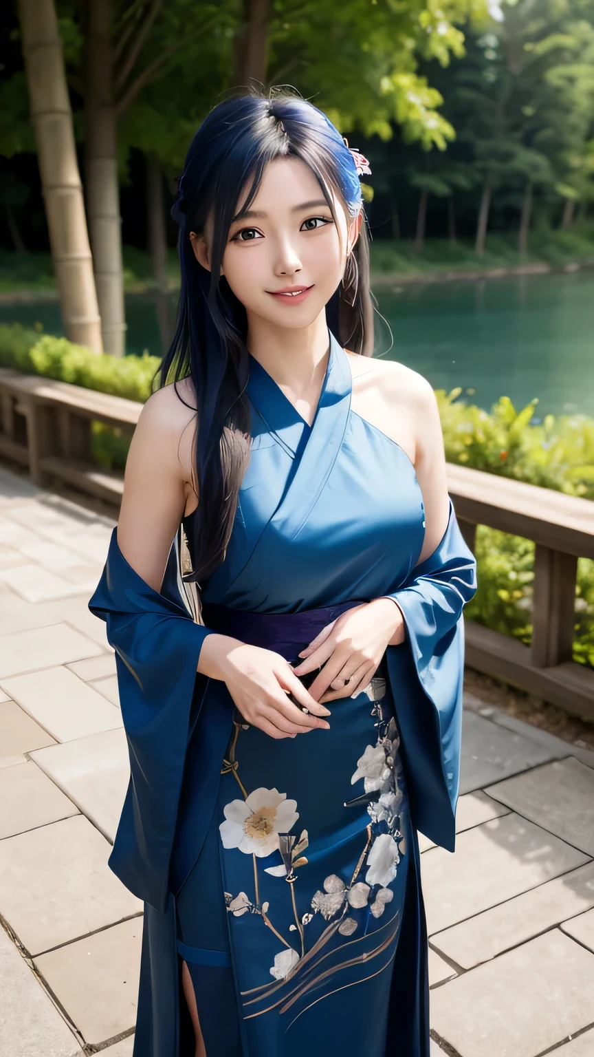 masterpiece, highest quality, Official Art, 8k wallpaper, Very detailed, figure, 1 girl, Blue Hair, Long Hair, Fine grain, For rest, Exposing shoulders, Hanfu,lake, Pure, A kind smile,bamboo,tea