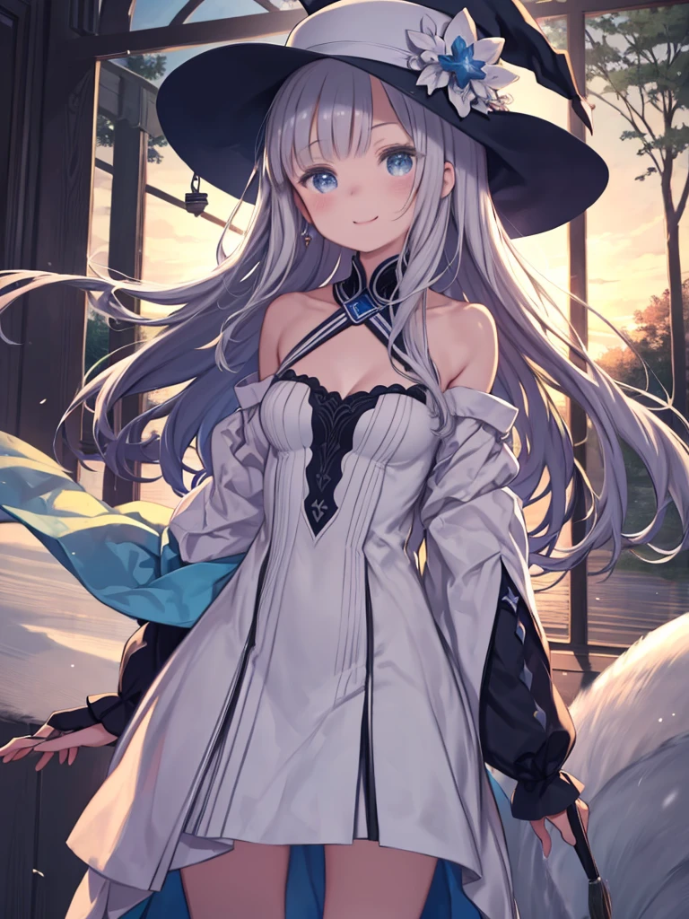帽子とdressを着たアニメの女の子、(((masterpiece)))、(((highest quality)))、((Ultra-detailed))、(Awareness-raising)、((Very delicate and beautiful))、Bright smile、floating、(Detailed light) (One Girl)、、solo、Long-haired、The wind is blowing、world、(Cute eyes)Wizard Hat, blush, Brush Sticker, Cleavage, Exposing shoulders, dress, Off the shoulder, Cowboy Shot, standing, Laughter, Depth of written boundary,