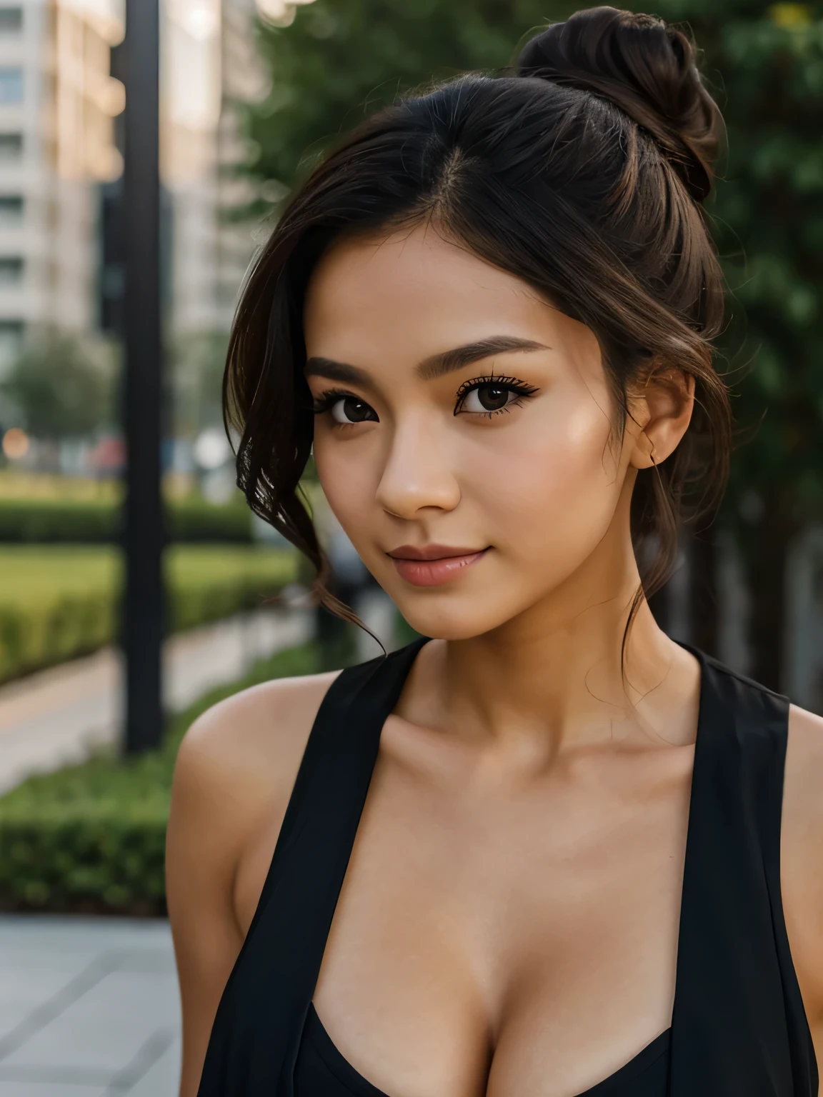 messy bun, outdoor, happy, black skirt,  hot girl, (((small bust))), brunette hair, looks into the camera, symmetrical face, photorealistic, photography, spectacular lighting,, gorgeous, cleavage, western, (masterpice), best quality, high resolution, extremely detailed, skin with pores, blurred background, depth of field, cinematic lighting, ASIAN
