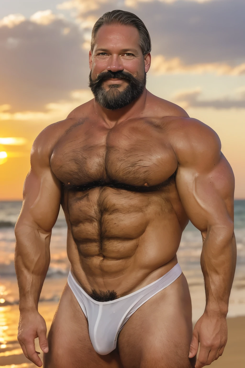 (handsome mature man), (50 yo), white man, wearing a white thong, wet thong, see-through thong, on a beach, sundown, (beefy:1.3), beard, looking at viewer, beautiful man, detailed eyes, symmetric face, smirk, robust, greying hair, mustache, smile, sun going down, golden light, full body visible, long gray hair, full body in frame