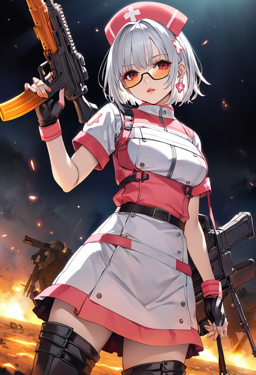 masterpiece、highest quality、Ultra-high resolution、Maximum resolution、Very detailed、Professional Lighting、anime、Adult female、thin、so beautiful、、Nurse uniform、Has a submachine gun、Red Eye、Silver Hair、Short Hair、Earrings、Fingerless Gloves、Beautiful eyes、Gloss Lip、Tactical Boots、Equipped with transparent orange shooting glasses、Equipped with a chest rig、Standing alone on the battlefield