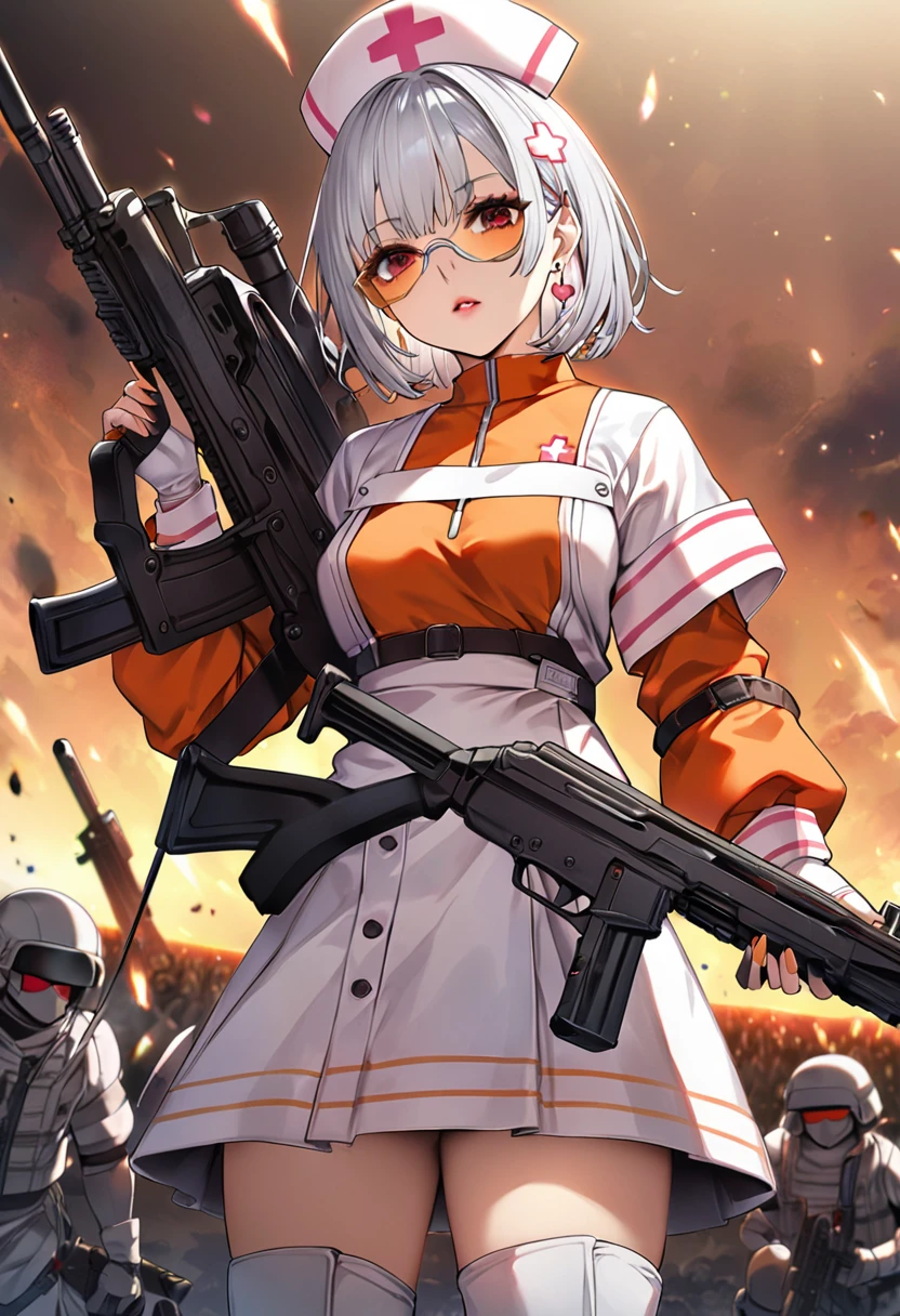 masterpiece、highest quality、Ultra-high resolution、Maximum resolution、Very detailed、Professional Lighting、anime、Adult female、thin、so beautiful、、Nurse uniform、Has a submachine gun、Red Eye、Silver Hair、Short Hair、Earrings、Fingerless Gloves、Beautiful eyes、Gloss Lip、Tactical Boots、Equipped with transparent orange shooting glasses、Equipped with a chest rig、Standing alone on the battlefield