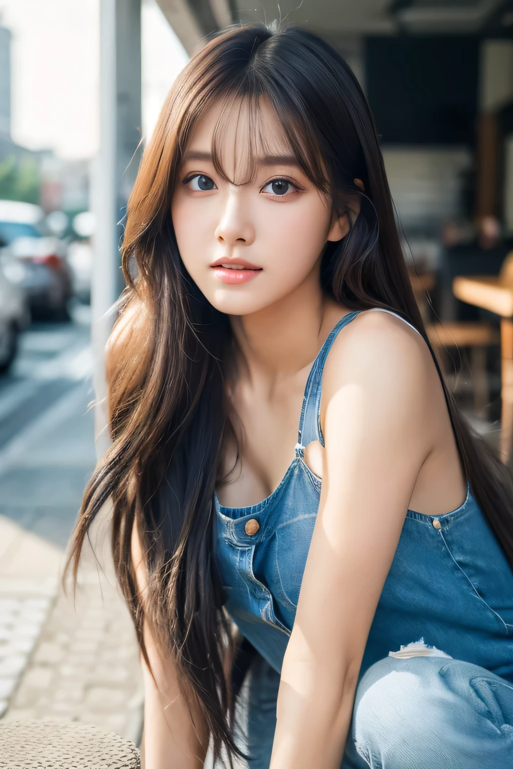 (real, High resolution:1.3), One girl with a perfect body, Very beautiful face and eyes,Long Hair, Random color tank top:1.2, Short jeans,Beautiful, Long Hair,Korean features,Cafe
