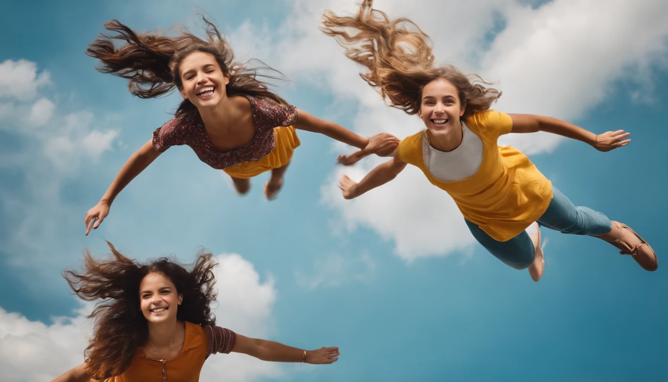 5 teenage girls flying together happily and gracefully in the sky