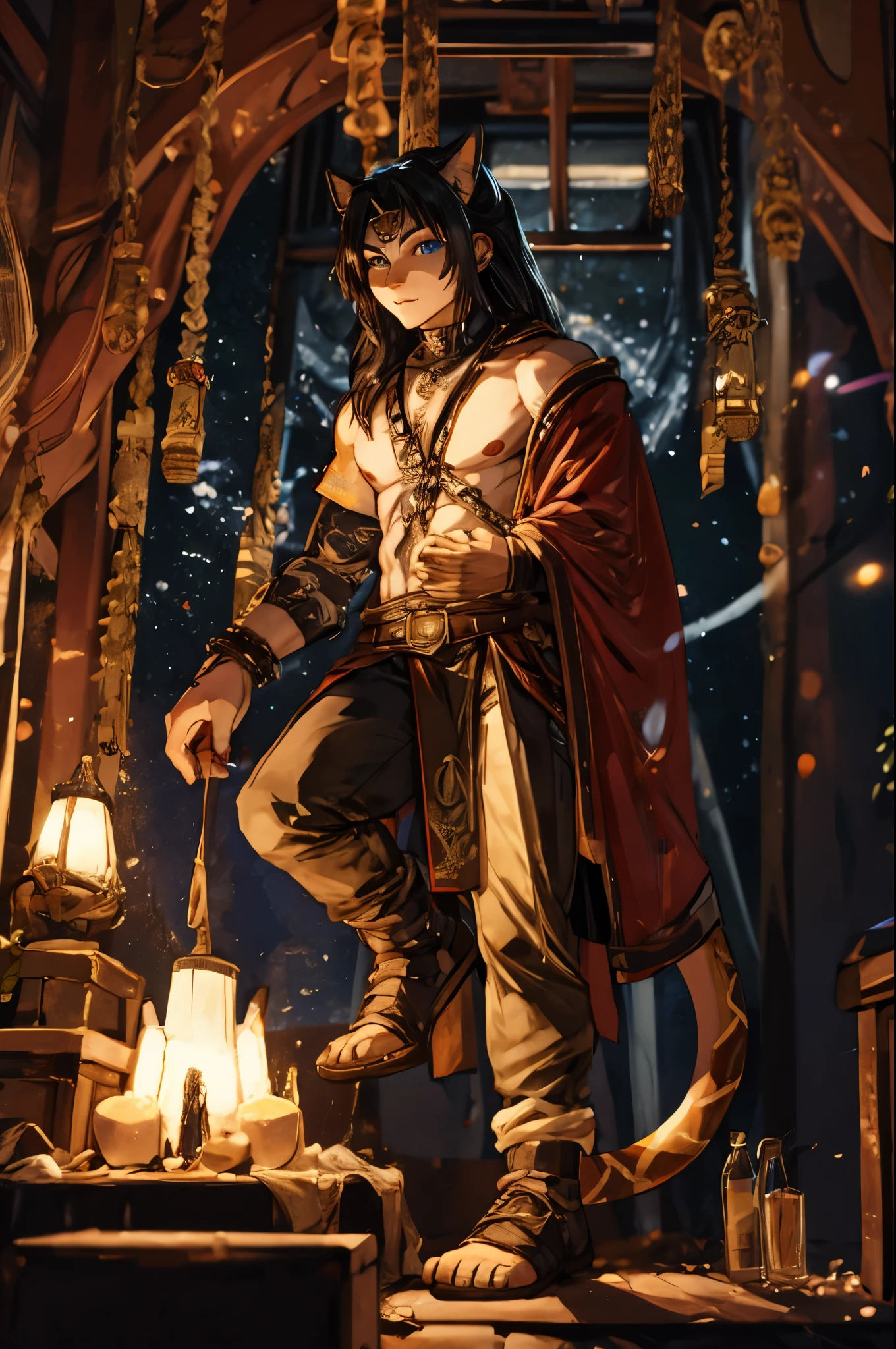 Half man half snake, snake legs, long black hair, snake eyes, jinlge bells on tail,