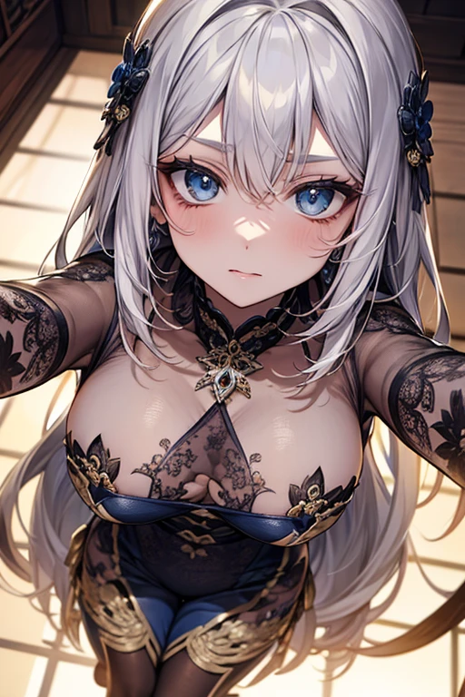(absurderes、hight resolution、ultra-detailliert)、1girl in、a matural female、white hair、length hair、bluntbangs、blue eyess、doress、long-sleeve、Finely detailed eyes and detailed face、intricate-detail、BREAK Mosaic Art、small pieces、colorful tesserae、complex pattern、Tiled design、durable surfaces、Old fashioned technique BREAK macro photography、intricate-detail、Enlarged texture、Stunning clarity、Hidden beauty、Immersive perspective BREAK、 artisanal creations、Handmade products、unique designs、intricate detailes、Creative expression、skilled craftsmanship、huge tit、Best style