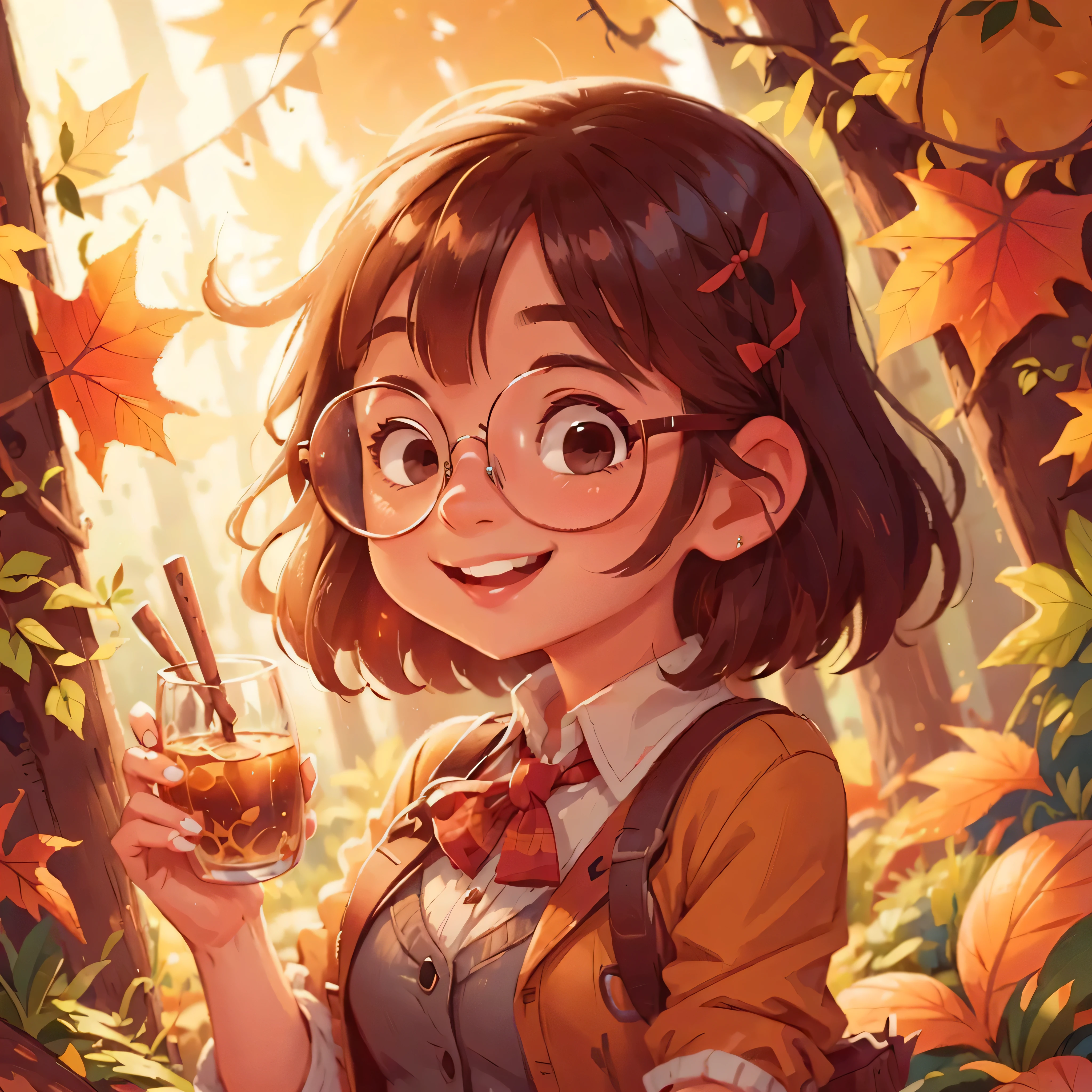 4K, Masterpiece, highres, beautiful girl charming smile wearing glasses, autumn scenery, afternoon, sexy clothes