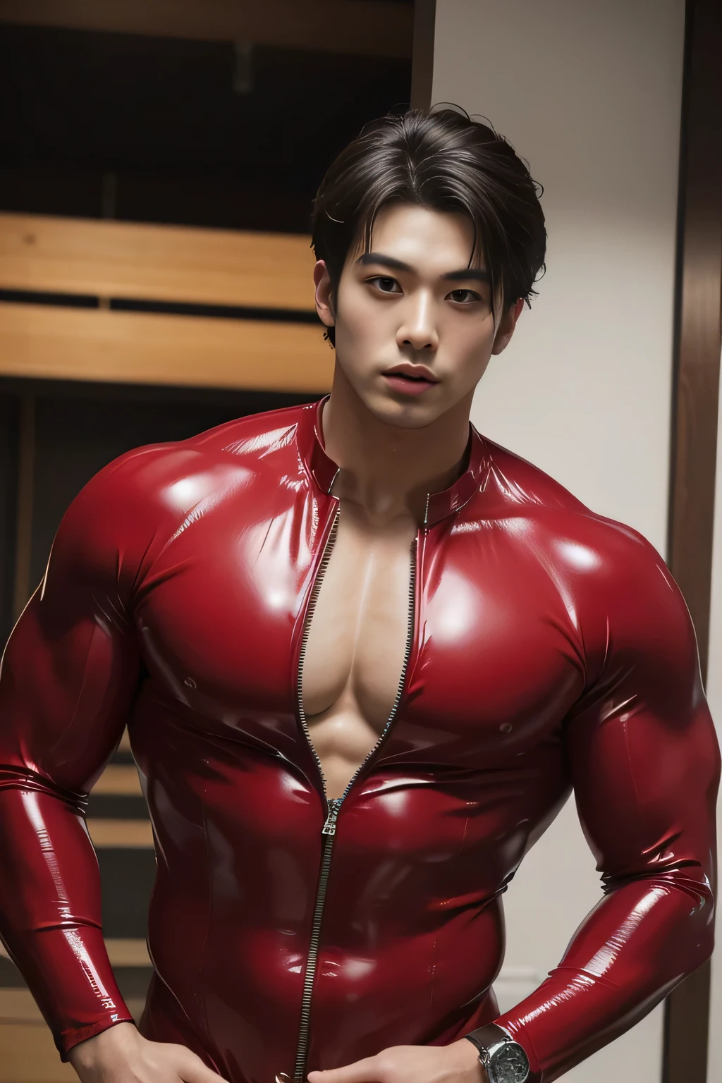 Japan man,man,youth,Best quality, crisp quality, Masterpiece, Highest resolution, Highly detailed, Red latex suit, love heart,no shirt, take off his suit to show his huge chest muscle,Full-body muscular figure,night club,mtu