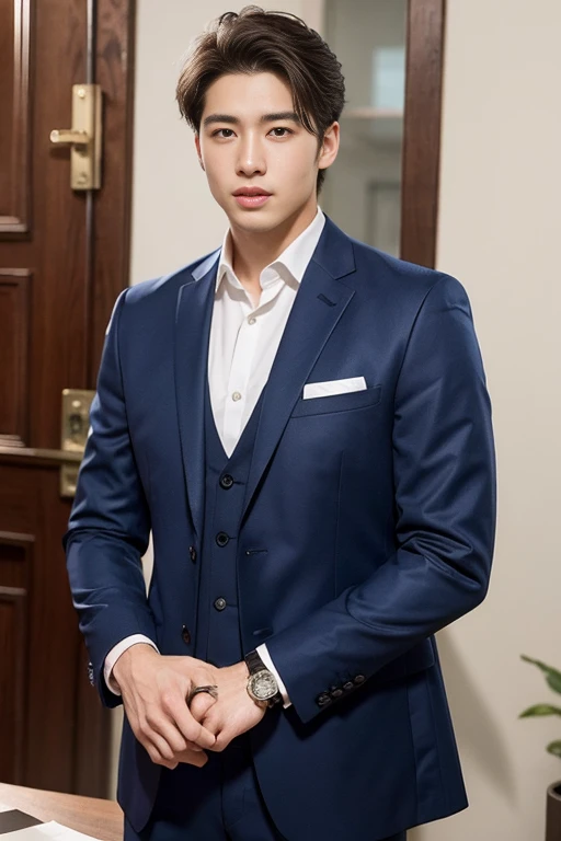 20-year-old refreshingly handsome new employee、（Super handsome in a ???? slutty suit）、20 years old Japan man、1 person、businessman、Ultra-luxury suits、Striped suit、　s Office、Young handsome man standing in suit、（Highly detailed photos in 8K）、（Very detailed handsome man）、Photo Real）、（top-quality）、ultra-detailliert、​masterpiece、An ultra-high picture quality、tall、Very beautiful hair、Bright photo、Handsome like a model、Handsome like an idol、luxury watch、epic reality , epic photorealistic, ultra realism , photorealistic  ,