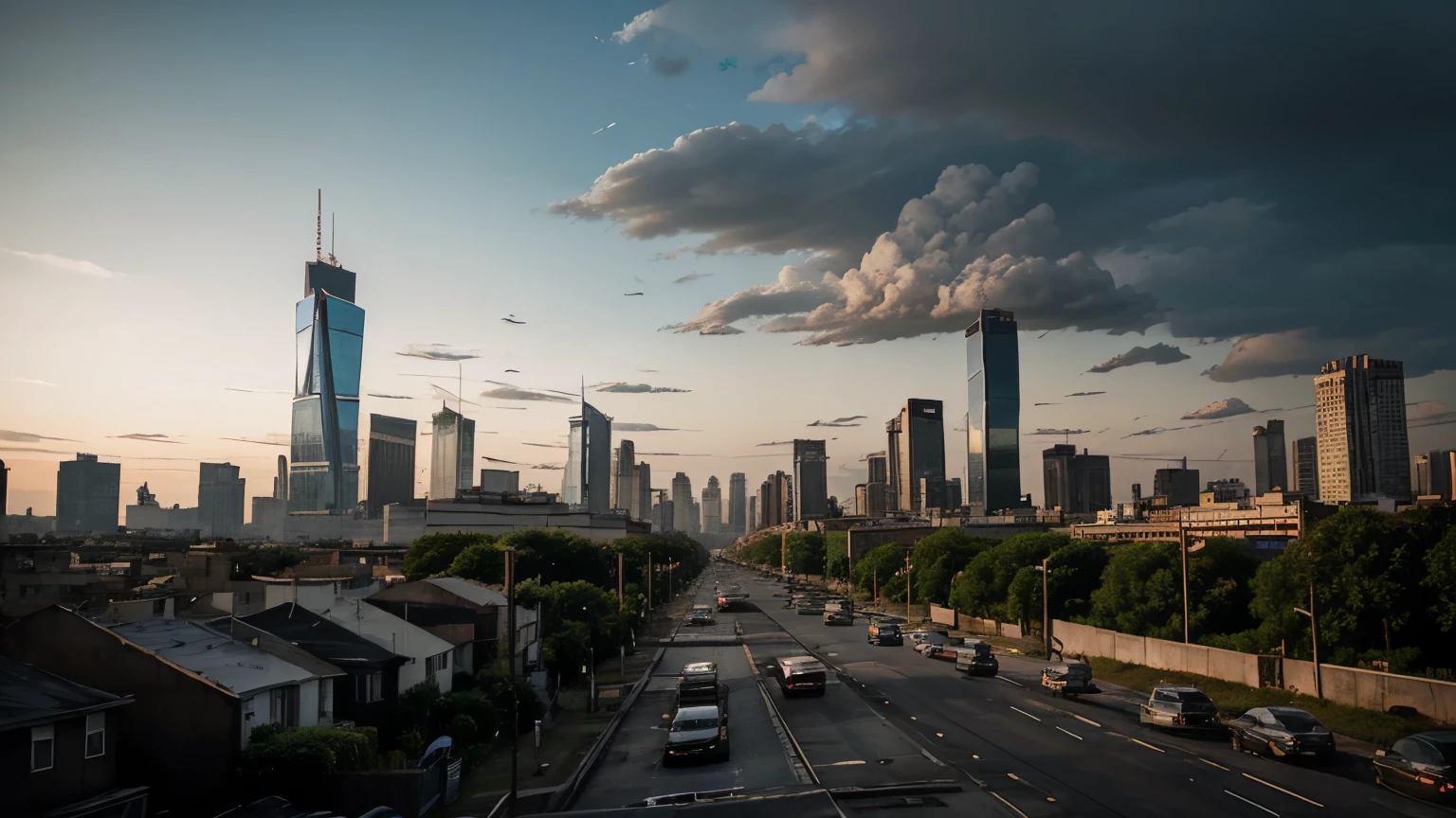 Under black, greasy and smoggy skys a sprawling cityscape is divided by a highway into two starkly contrasting worlds. On right side of the highway, gleaming skyscrapers tower over manicured parks and affluent neighborhoods, symbols of wealth and privilege. On the left side of the highway, dilapidated tenements and crowded slums stretch as far as the eye can see, home to the forgotten masses.